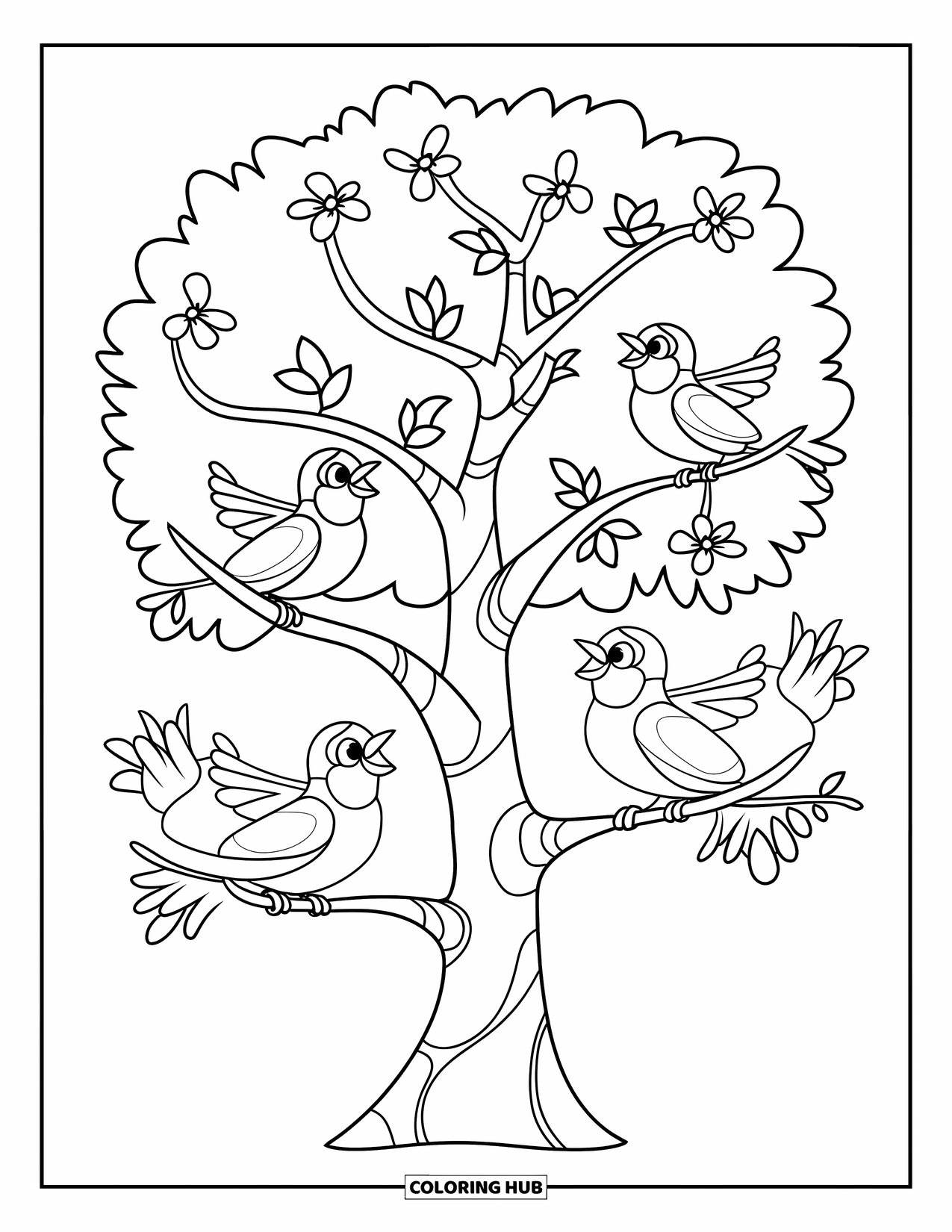 Happy Spring Coloring Page for Kids: A simple tree with blooming branches and three singing birds
