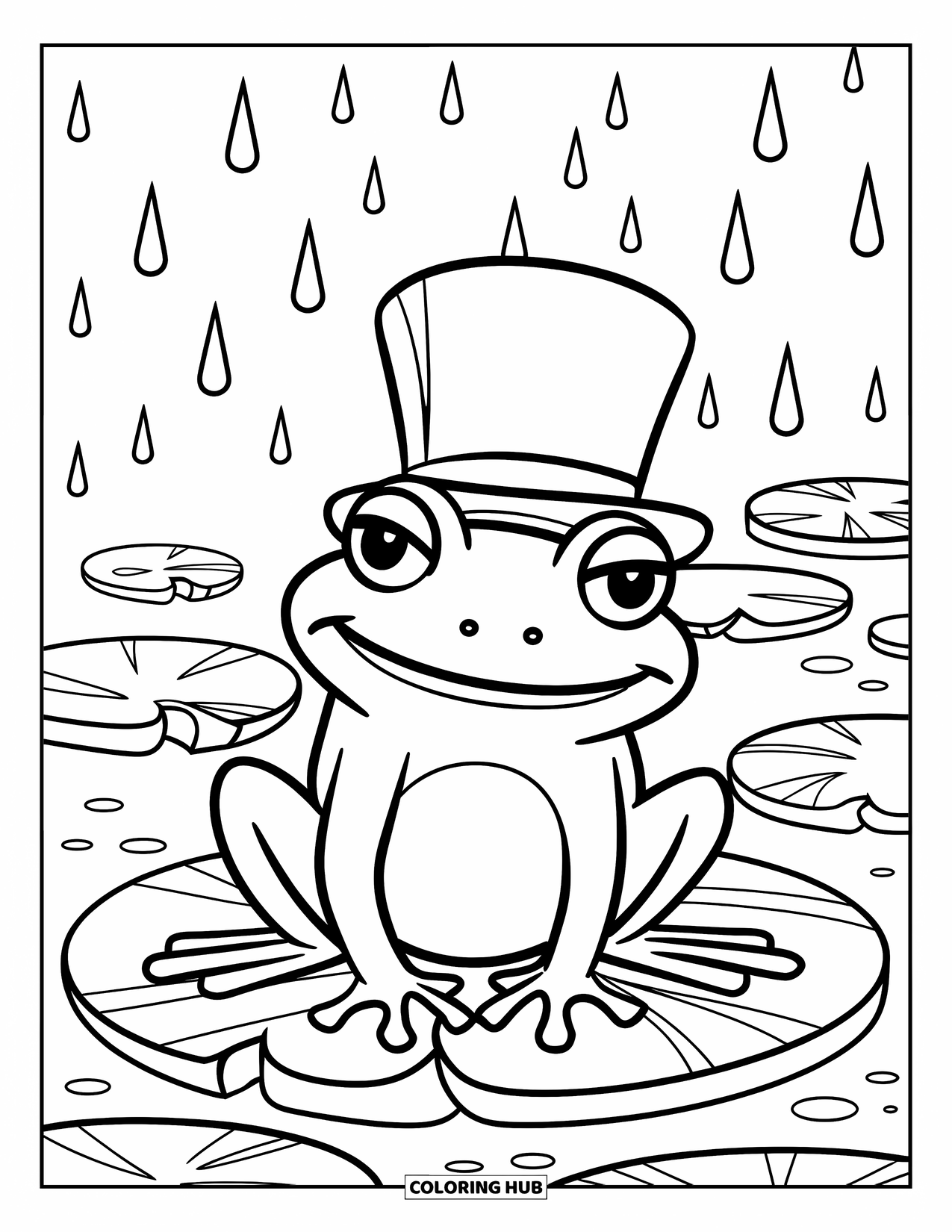 Happy Spring Coloring Page for Kids: A smiling frog with a top hat sits under gentle raindrops