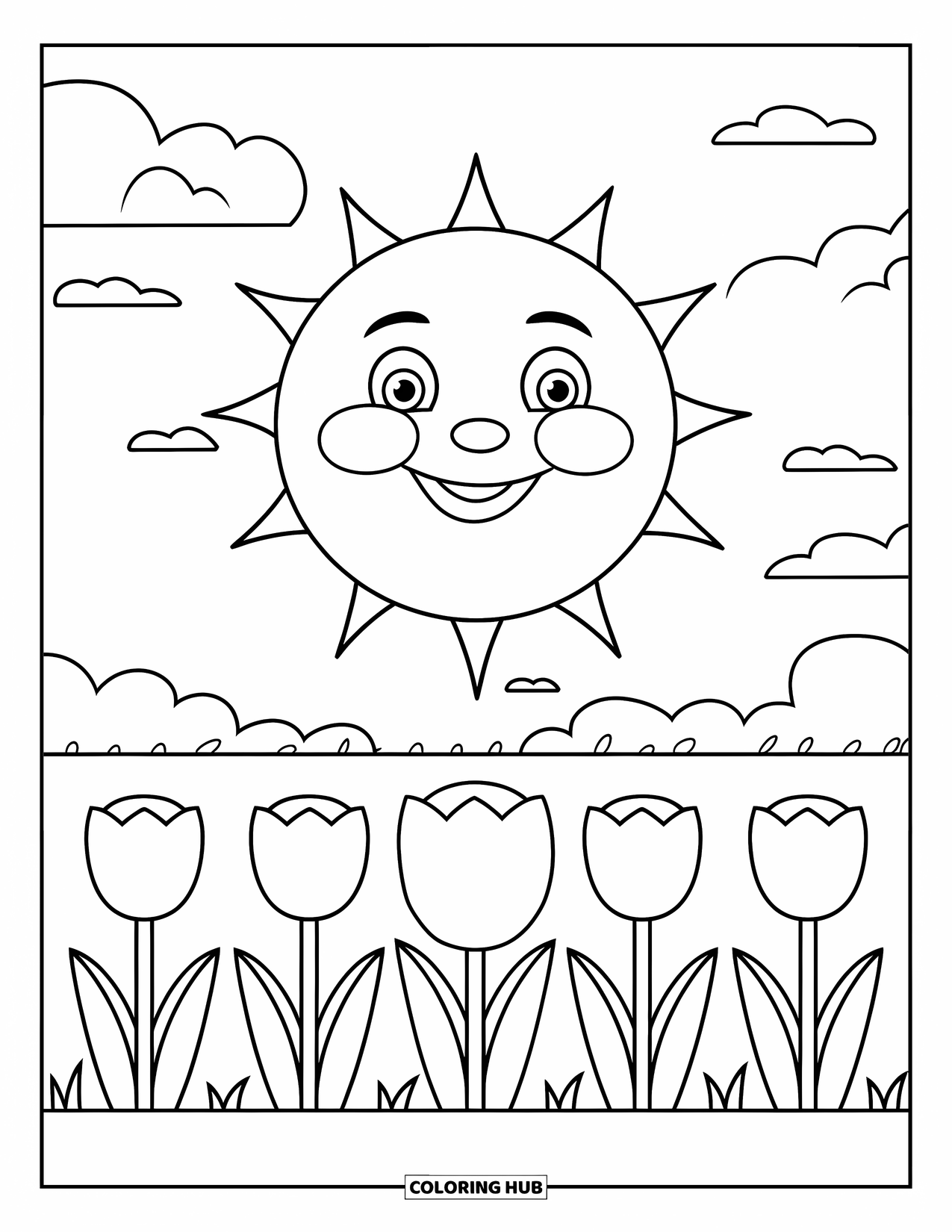 Happy Spring Coloring Page for Kids: A smiling sun shines over a row of tulips in a grassy field
