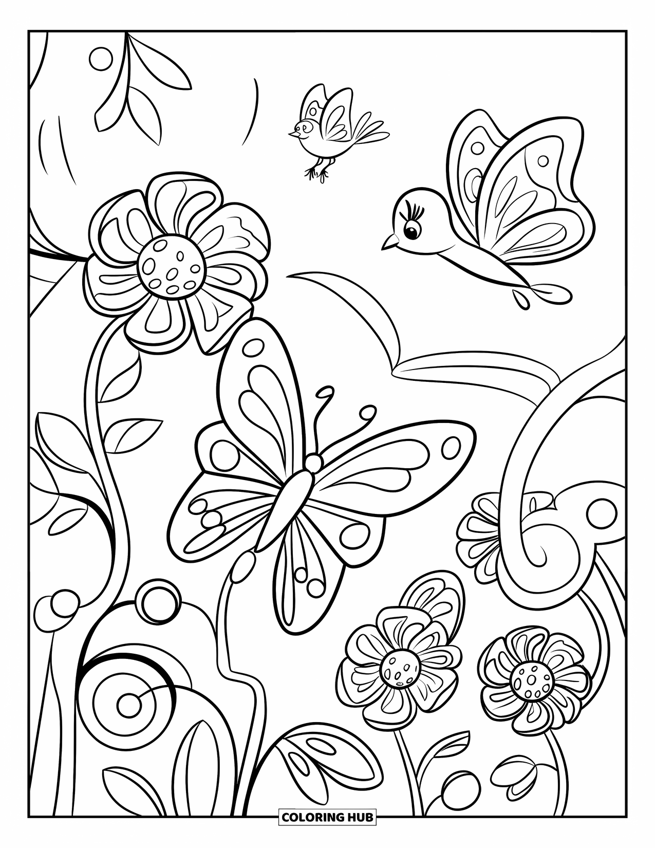 Happy Spring Coloring Page for Kids: A sunny garden filled with flowers, birds, and fluttering wings