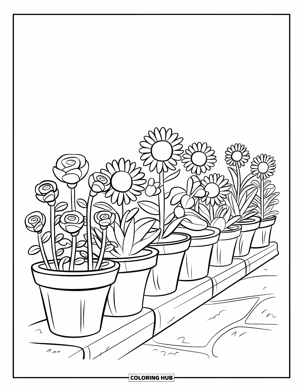 Happy Spring Coloring Page for Kids: Blooming flower pots arranged neatly on a stone ledge