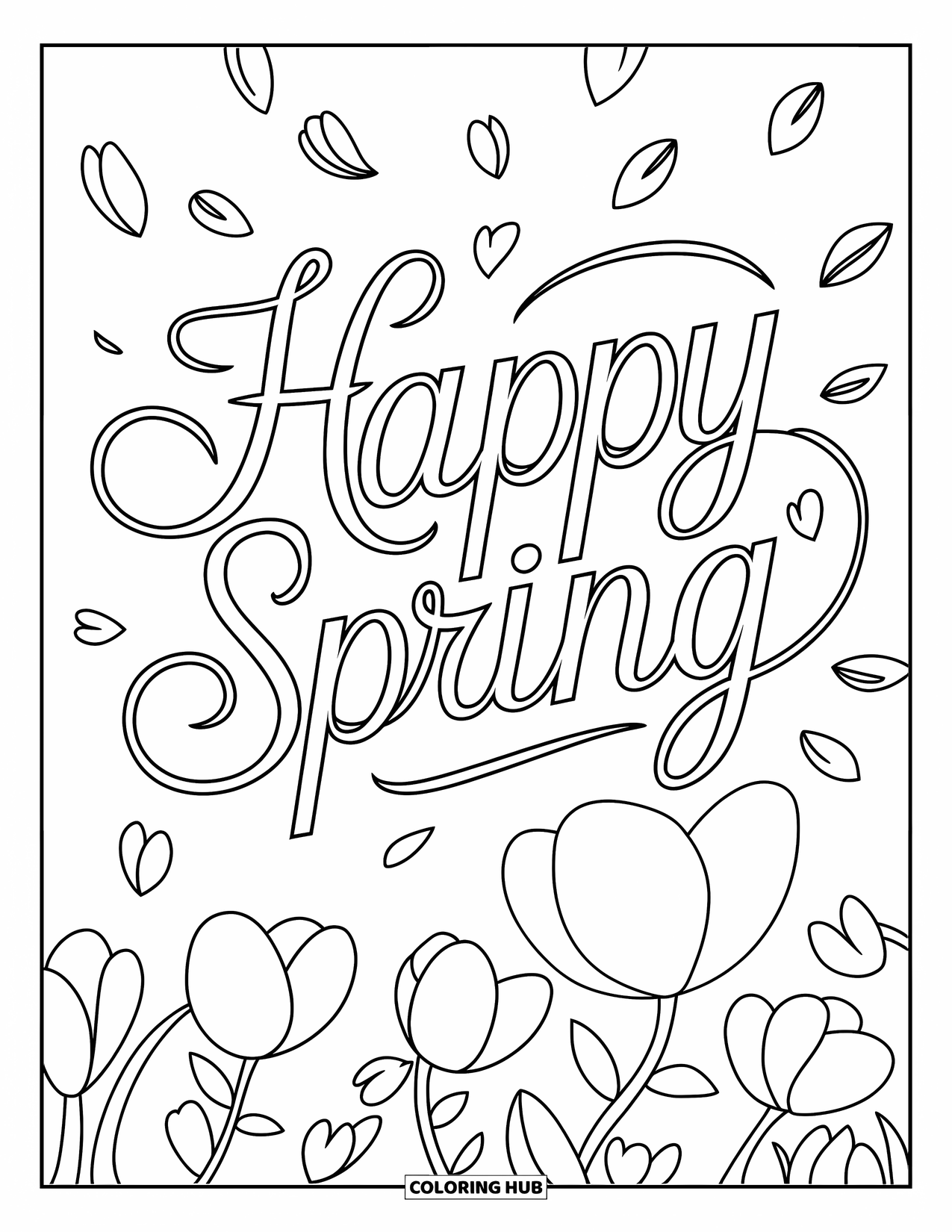 Happy Spring Coloring Page for Kids: Curved "Happy Spring" script with swirling petals and hearts