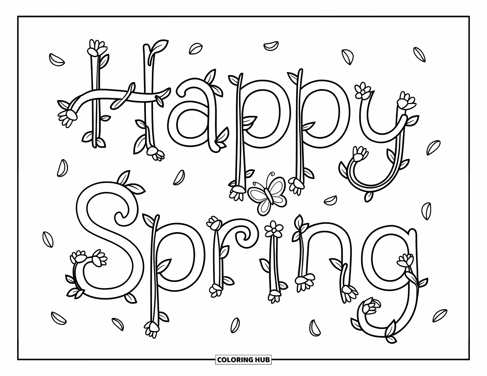 Happy Spring Coloring Page for Kids: Elegant "Happy Spring" cursive with vines, petals, and a butterfly