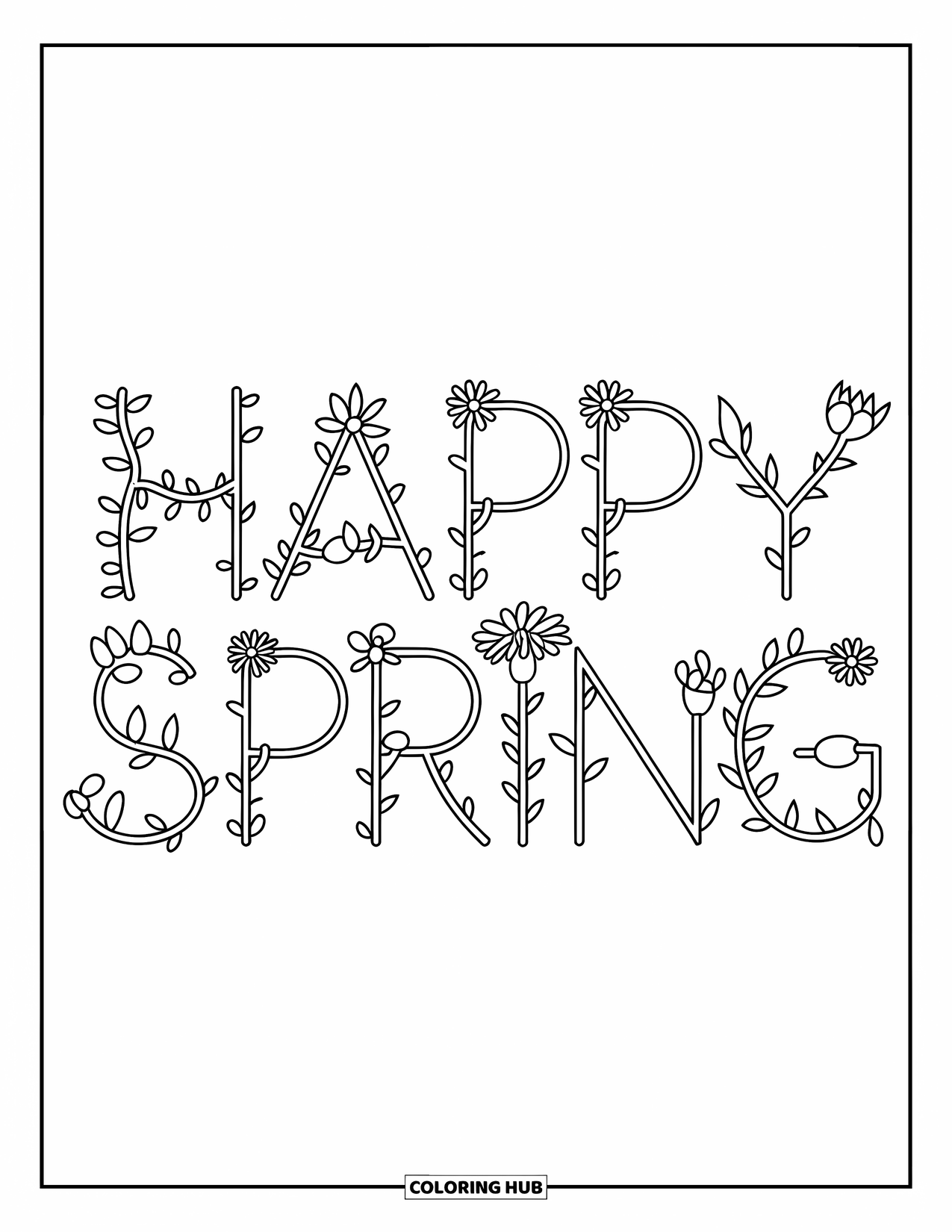 Happy Spring Coloring Page for Kids: Floral linework letters spelling "Happy Spring" on a white backdrop