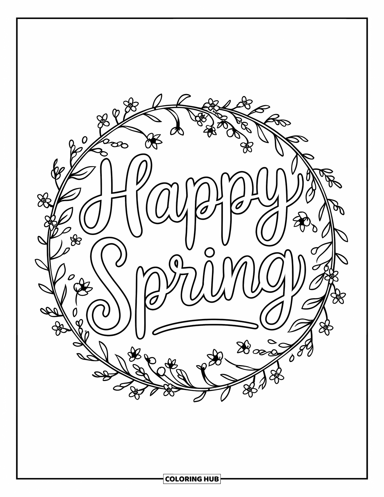 Happy Spring Coloring Page for Kids: Floral wreath encircling "Happy Spring" with tiny birds perched nearby
