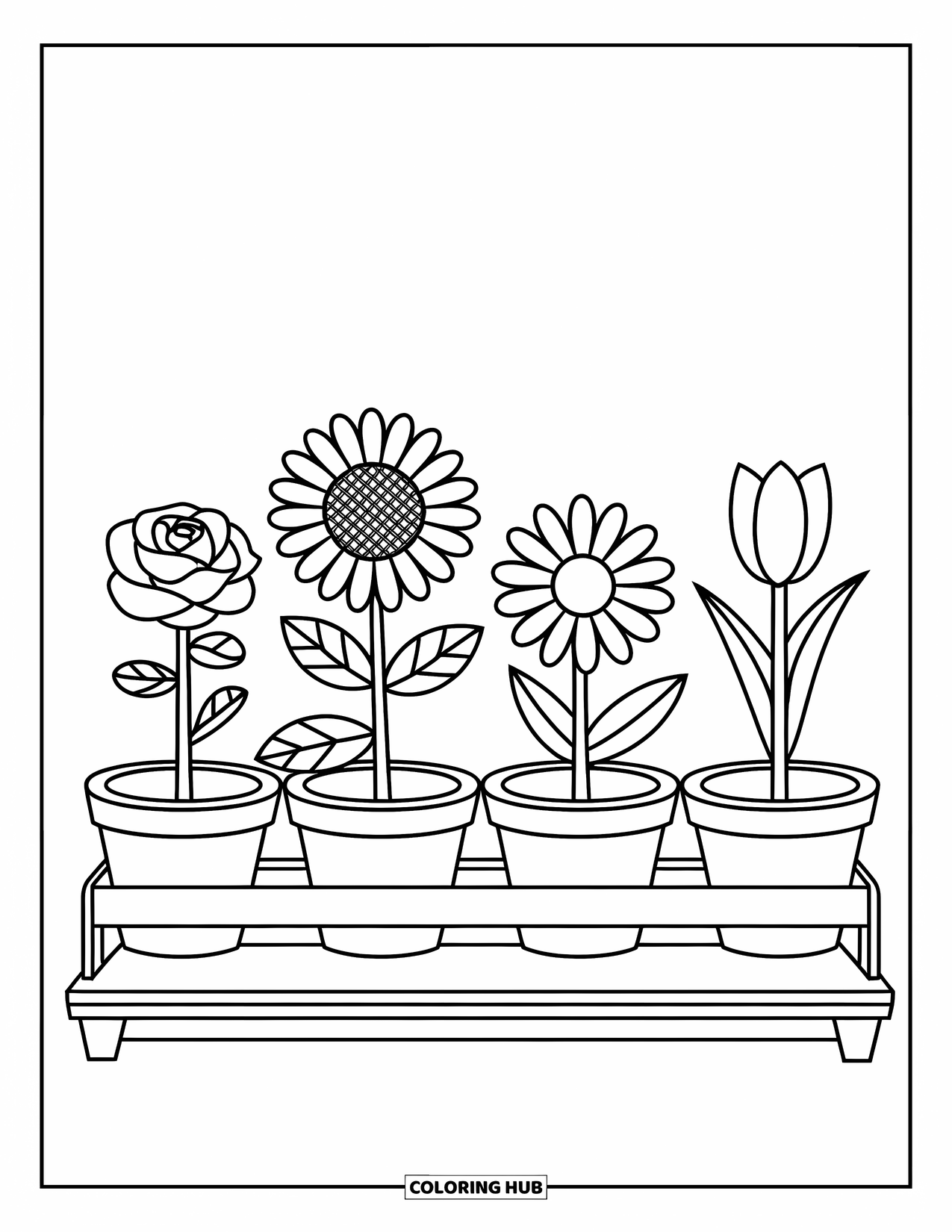 Happy Spring Coloring Page for Kids: Flower pots lined up with different blossoms in full bloom