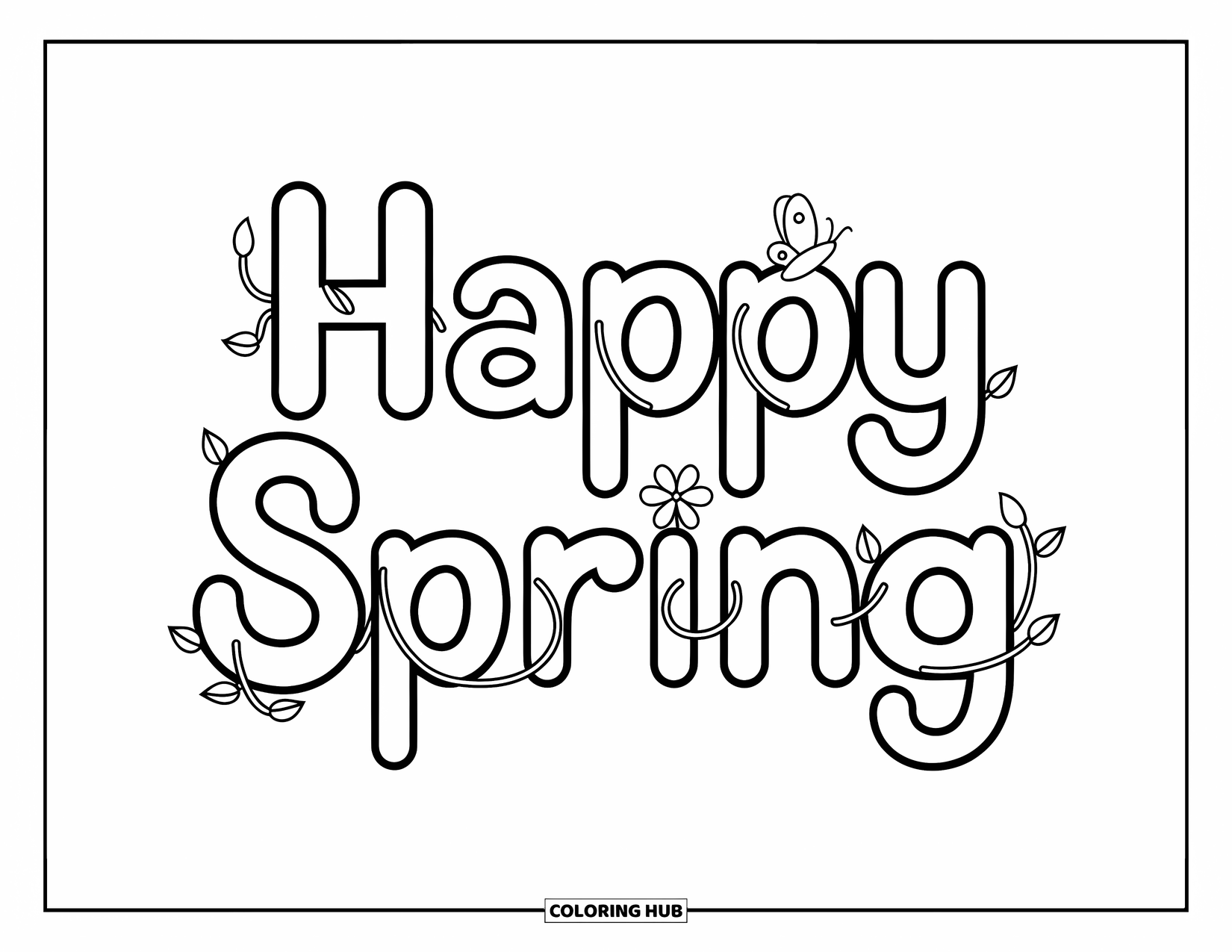 Happy Spring Coloring Page for Kids: Flowing "Happy Spring" letters with vines and blooming buds