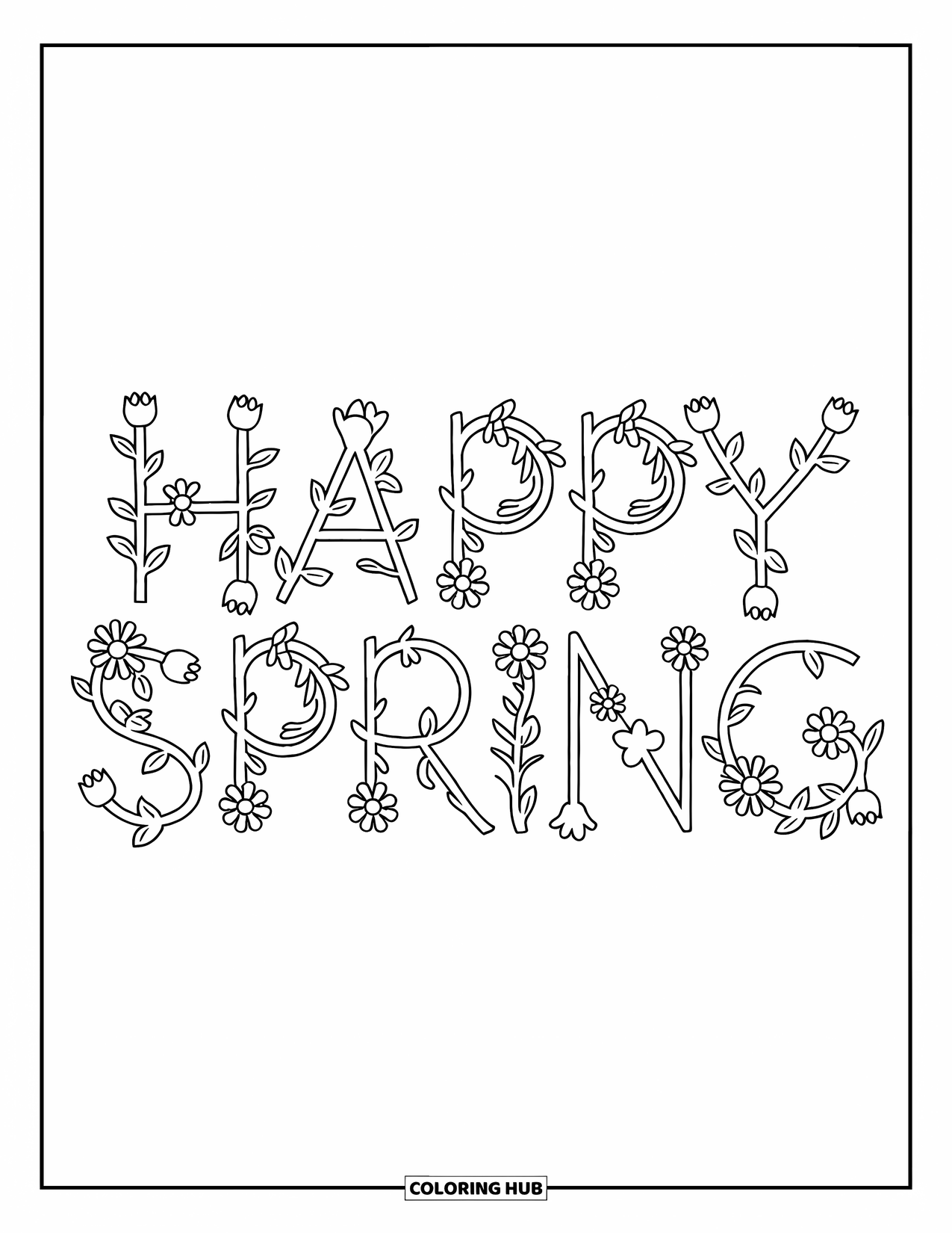 Happy Spring Coloring Page for Kids: "Happy Spring" formed by vines, buds, and tiny flowers