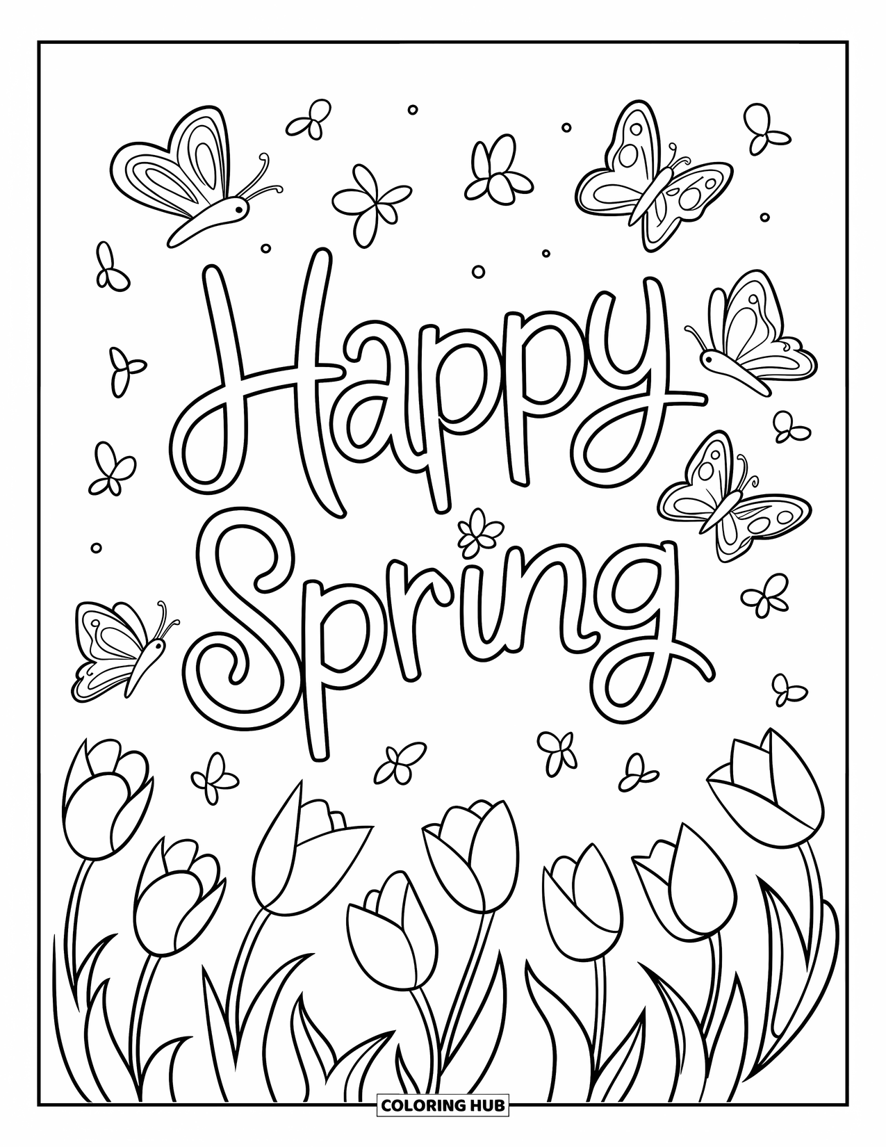 Happy Spring Coloring Page for Kids: "Happy Spring" in playful script surrounded by tulips and butterflies