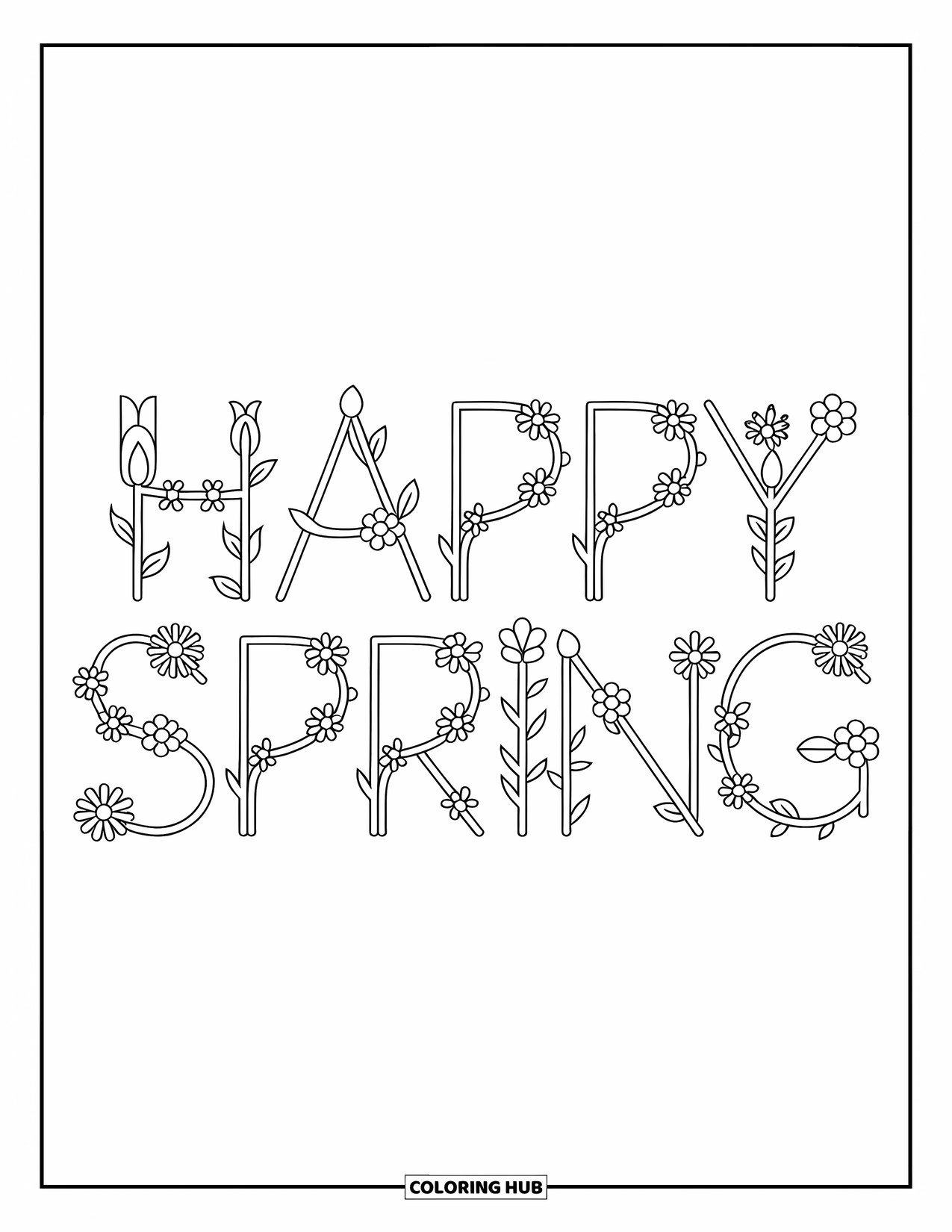 Happy Spring Coloring Page for Kids: "Happy Spring" made of blooming vines and swirling leaves