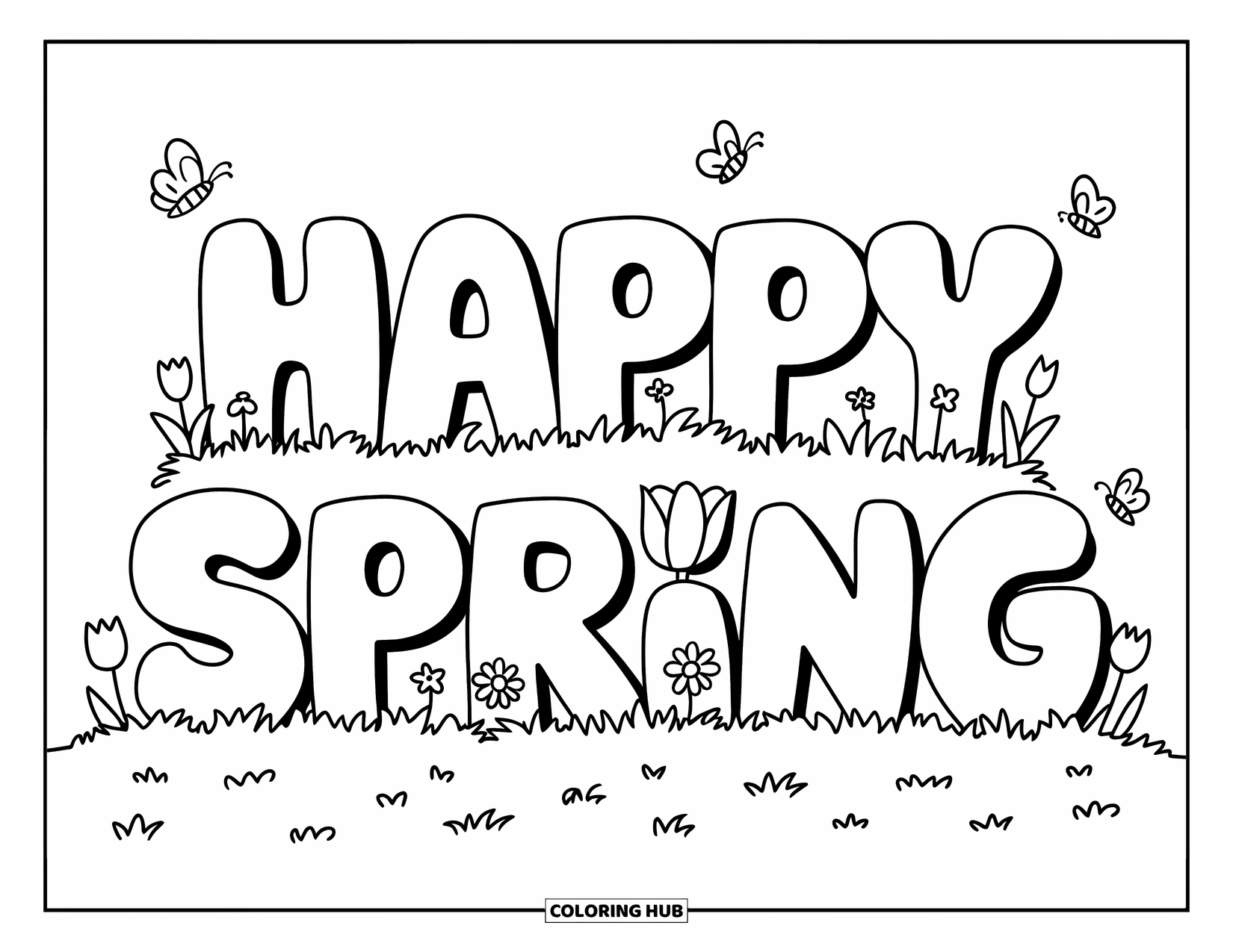 Happy Spring Coloring Page for Kids: Playful "Happy Spring" letters growing among tulips and butterflies