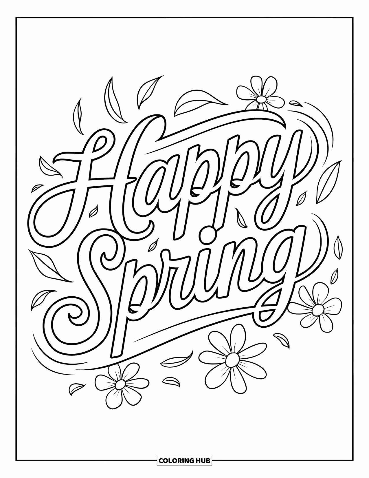 Happy Spring Coloring Page for Kids: Script "Happy Spring" surrounded by swirling petals and leaves