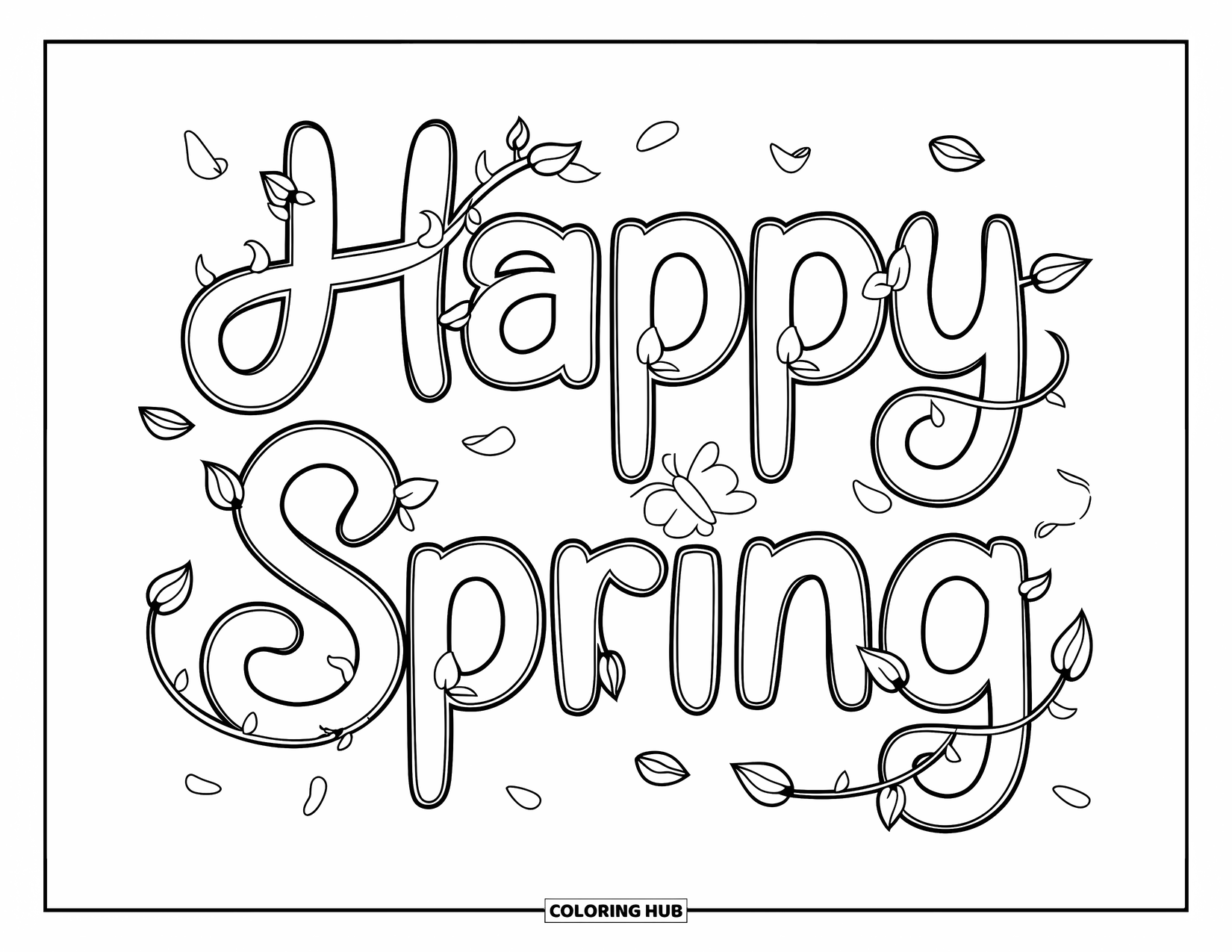 Happy Spring Coloring Page for Kids: Soft "Happy Spring" script with curling vines and a hovering butterfly