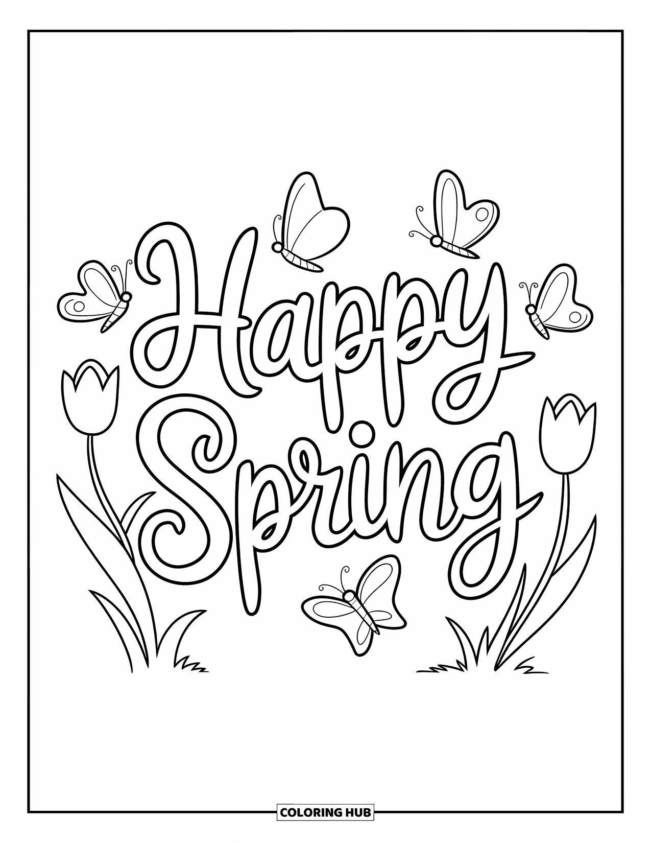 Happy Spring Coloring Page for Kids: Windy "Happy Spring" text with butterflies and fluttering petals