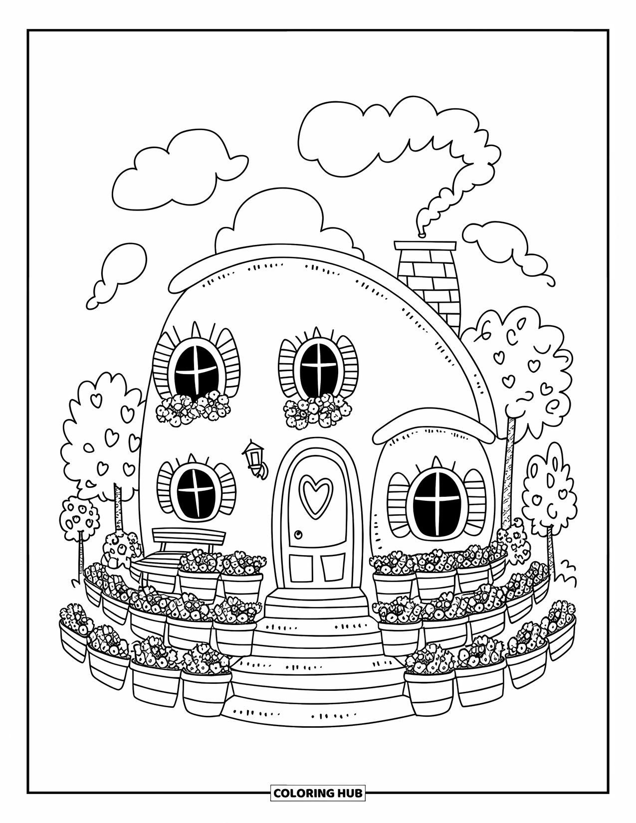 Home Coloring Page for Adults: A cozy cottage with heart windows, trees, and a small bench outside