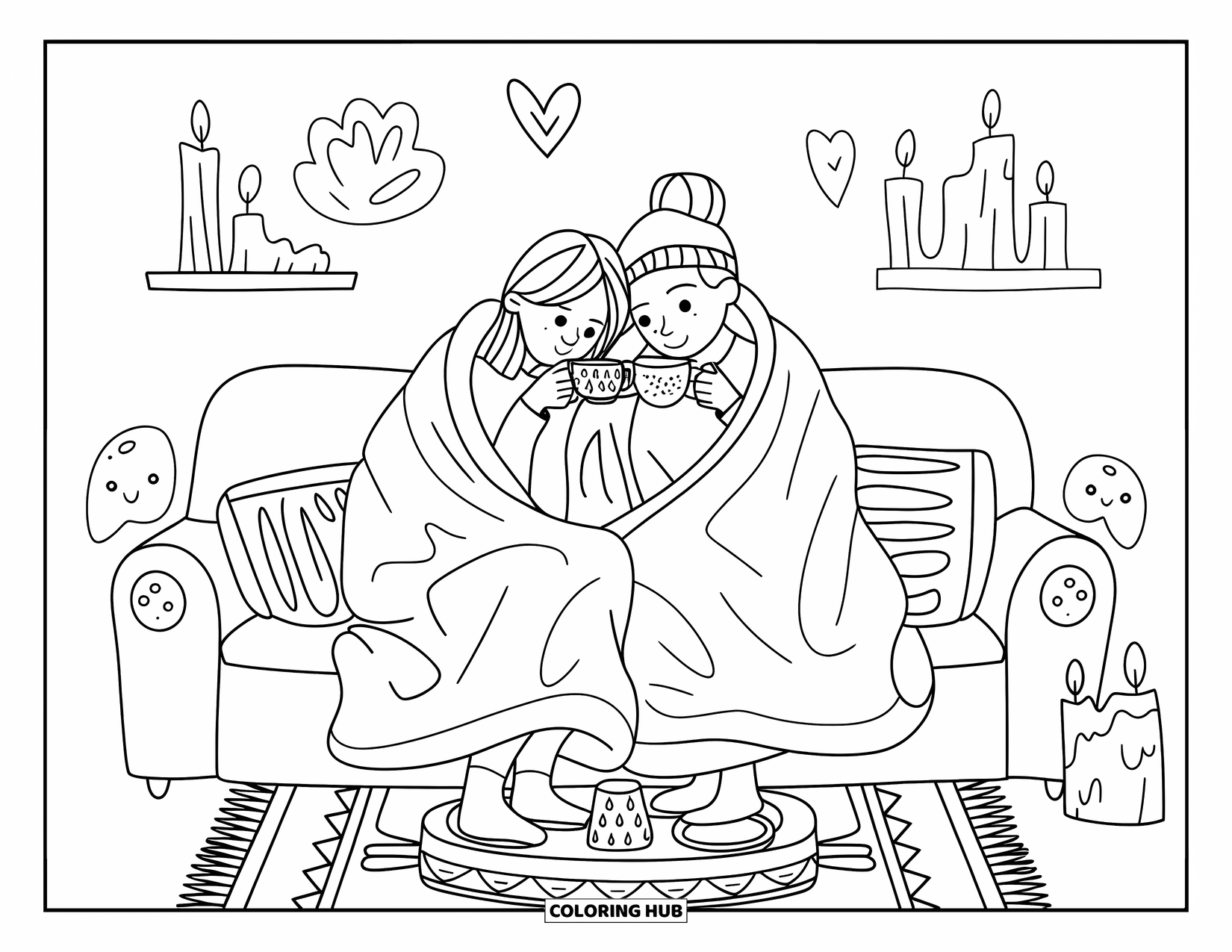 Home Coloring Page for Adults: A cozy couple sipping tea together under a shared blanket