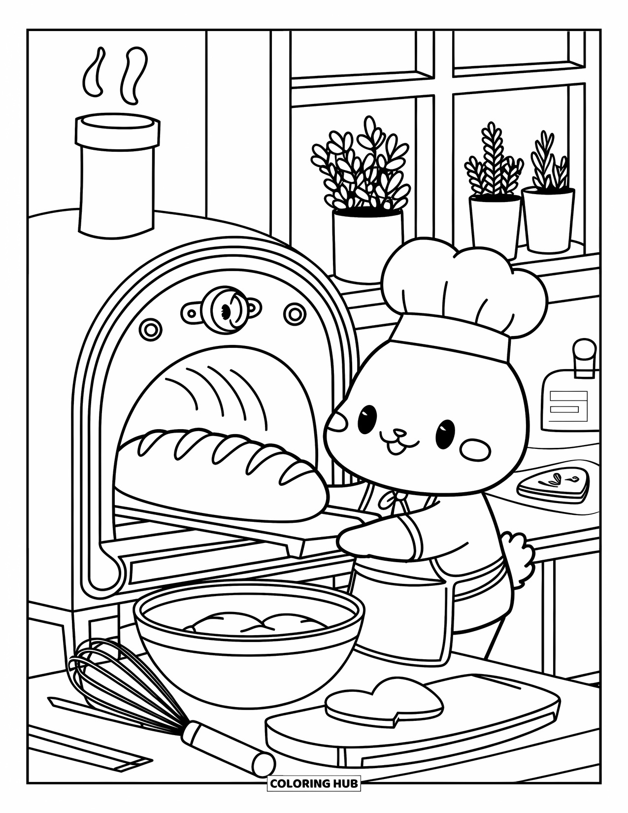 Home Coloring Page for Adults: A happy bunny baking bread with herbs and heart-shaped cookies