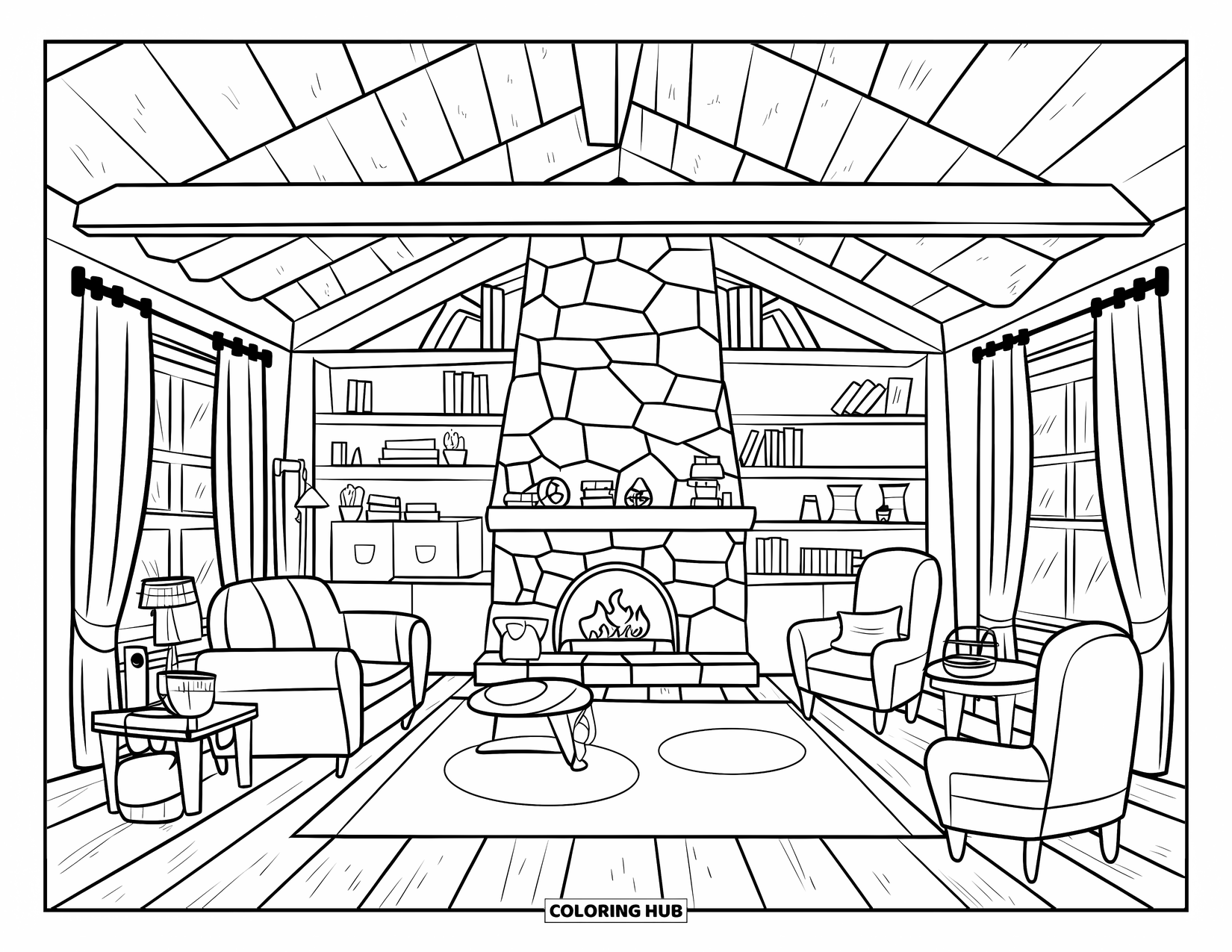 Home Coloring Page for Adults: A homely cabin with wooden furniture, bookshelves, and cozy accents