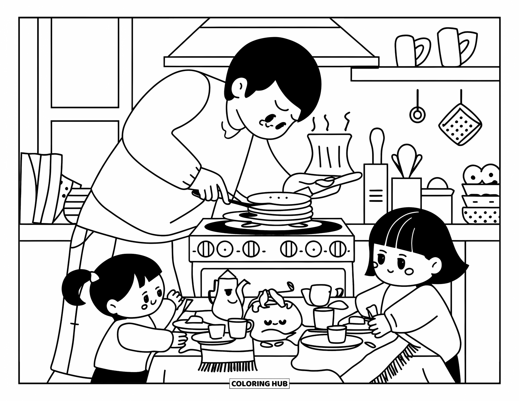 Home Coloring Page for Adults: A parent flips pancakes while a child sets the breakfast table