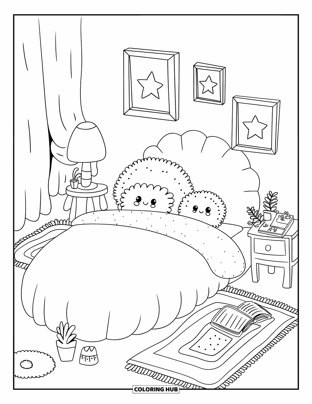 Home Coloring Page for Adults: A peaceful bedroom with a soft bed, pillows, and a glowing lamp