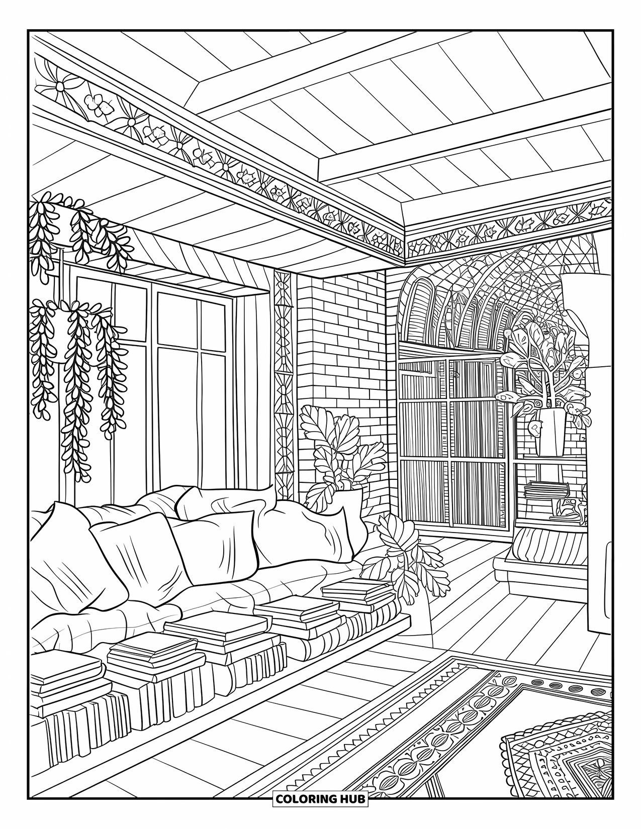 Home Coloring Page for Adults: A relaxing reading nook with books, plants, and a decorative rug