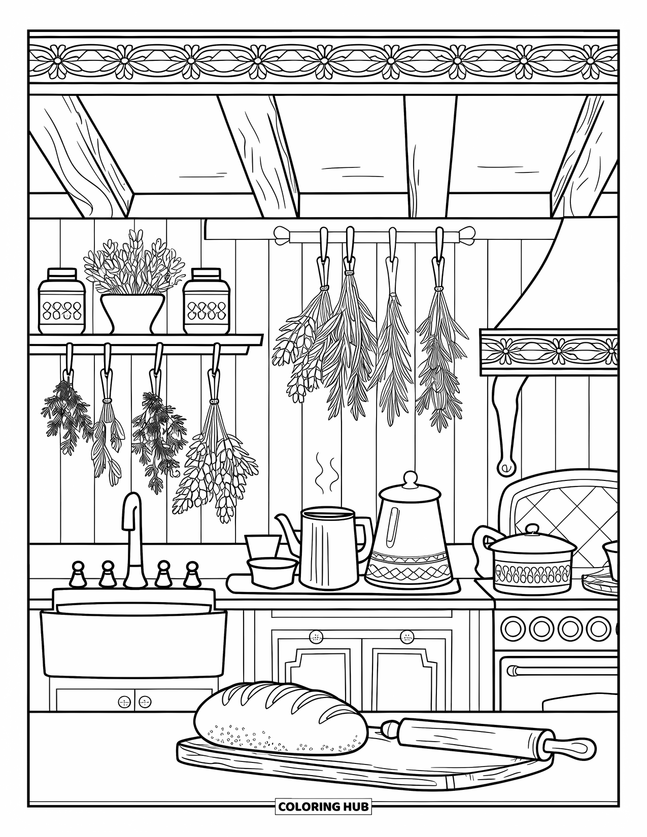 Home Coloring Page for Adults: A rustic kitchen with herbs, bread, and a vintage stove