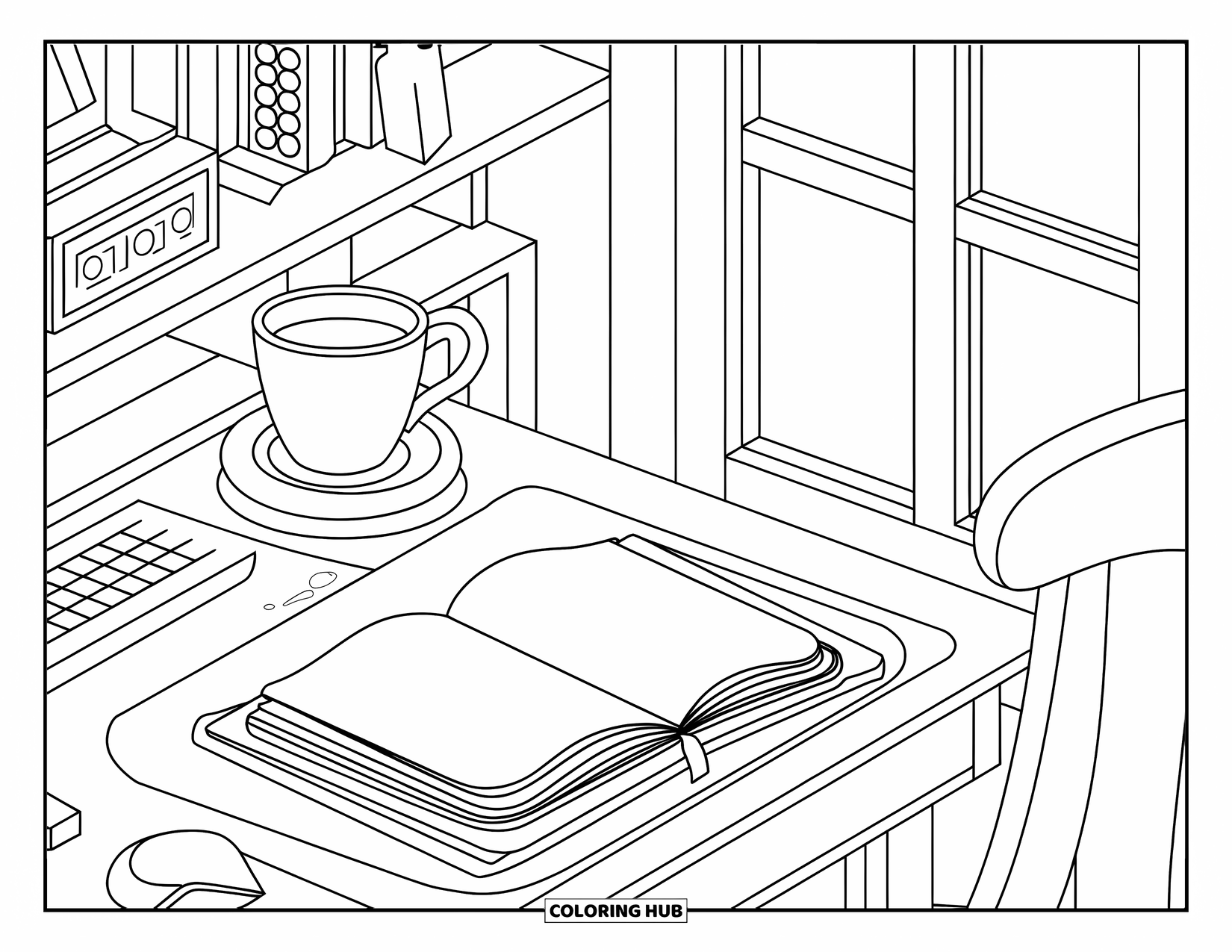 Home Coloring Page for Adults: A serene desk setup with tea, a journal, and gentle window light