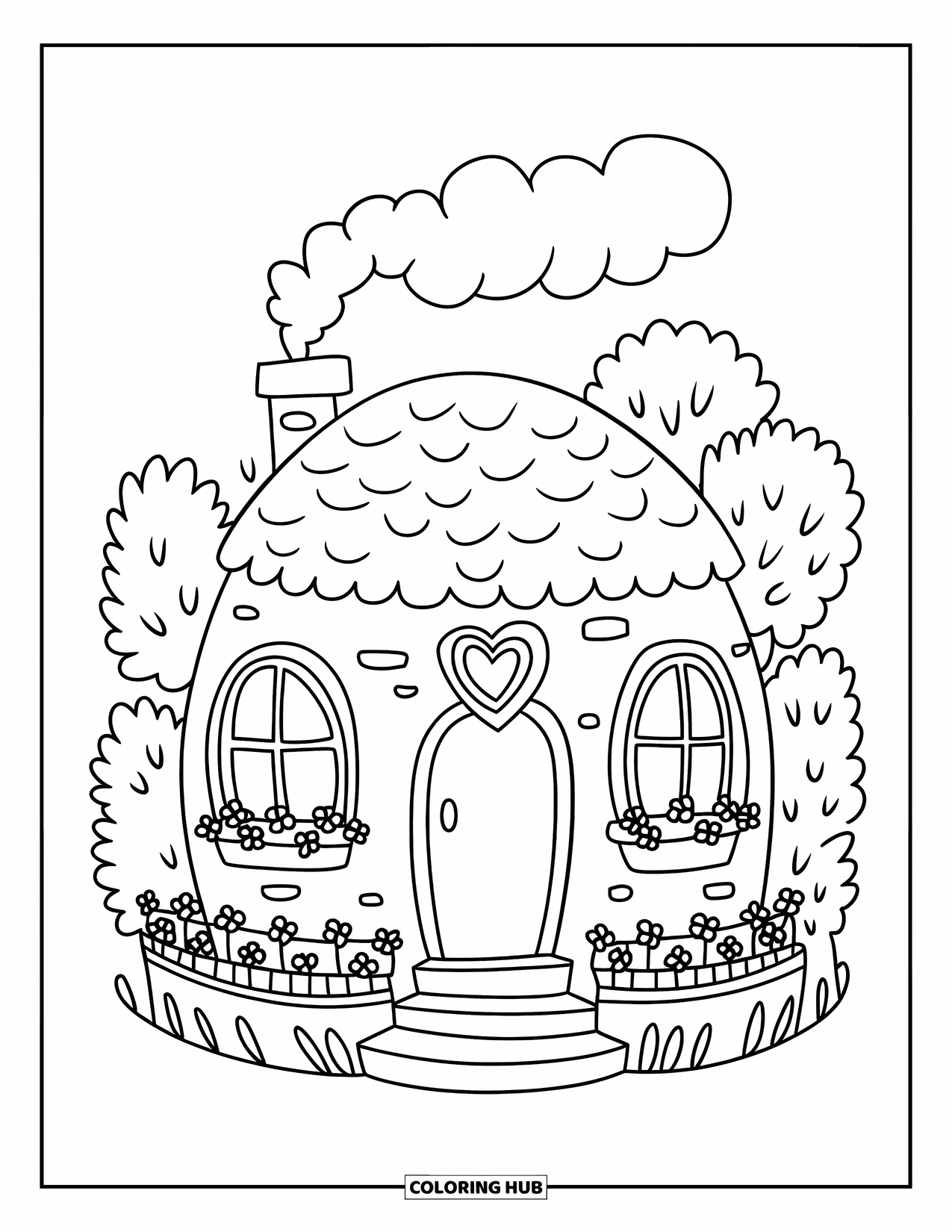 Home Coloring Page for Adults: A small cottage with heart windows, trees, and flower pots by the steps