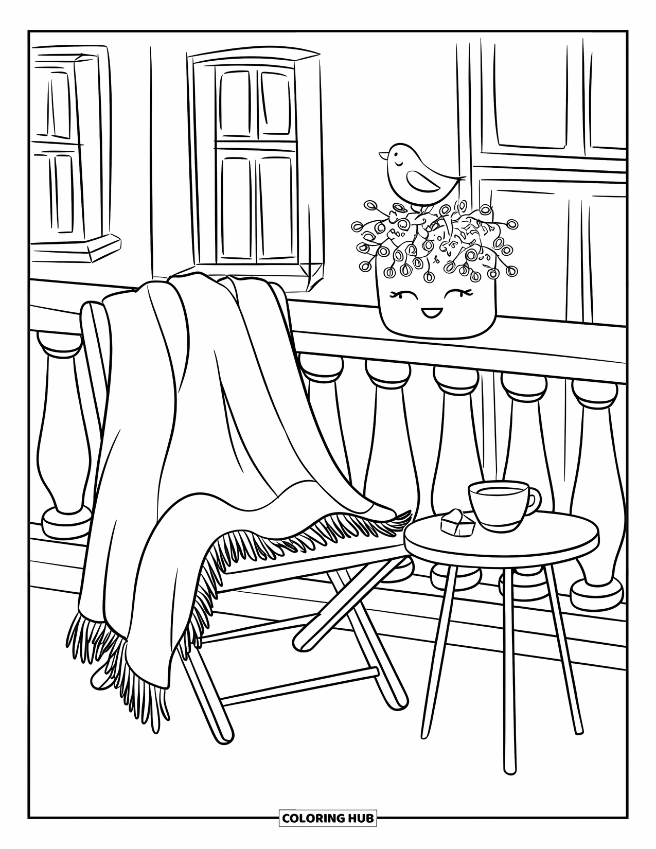 Home Coloring Page for Adults: A sweet balcony with a chair, tea, and a tiny bird on the railing