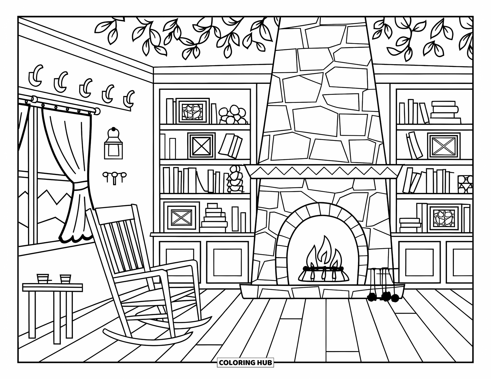 Home Coloring Page for Adults: A warm cabin interior with a fireplace, books, and hanging lanterns