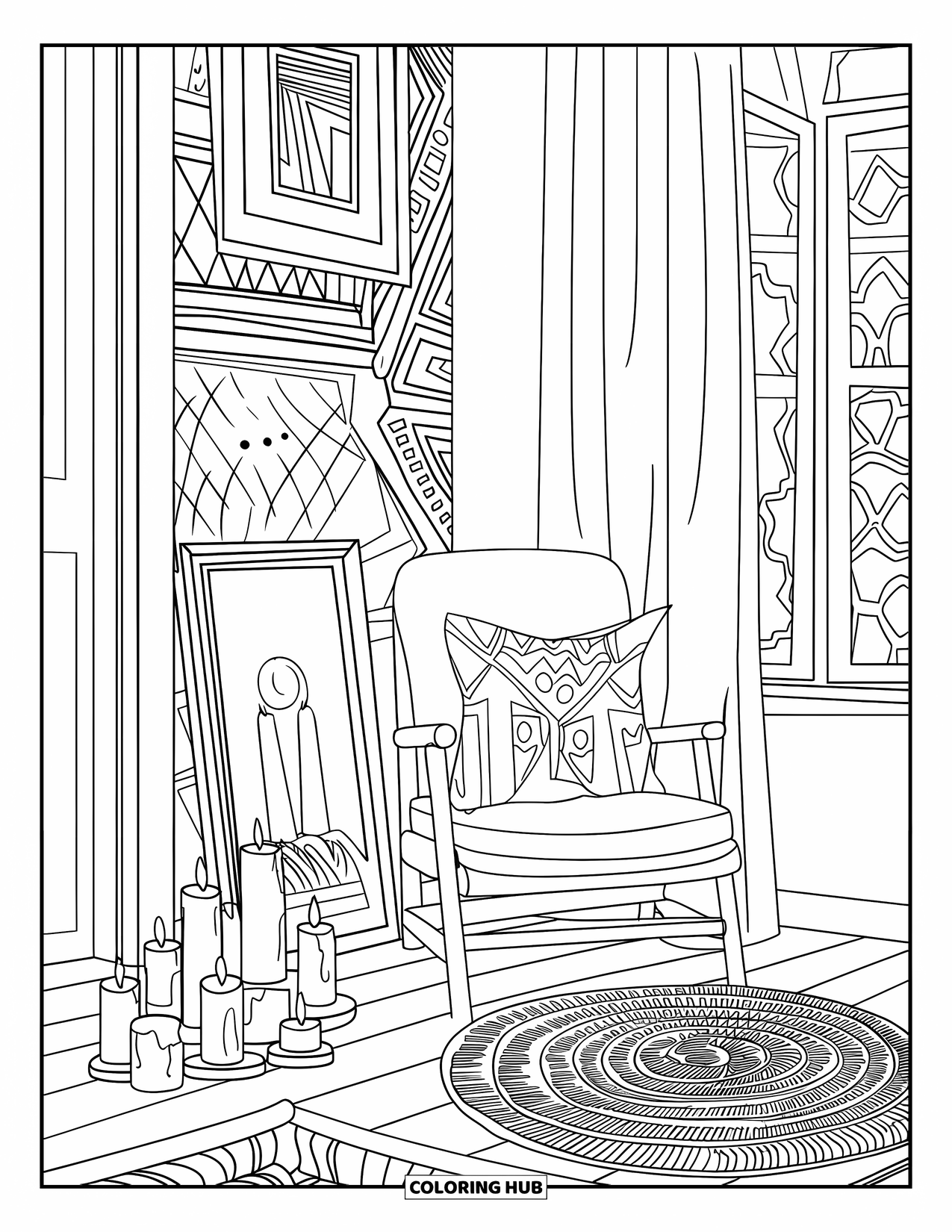Home Coloring Page for Adults: A warm corner with candles, wall art, and a patterned rug