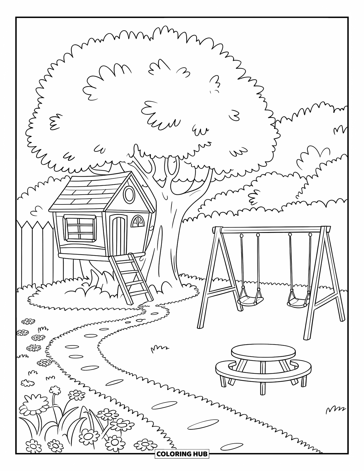 Home Coloring Page for Kids: A backyard with a treehouse, swing set, and picnic table