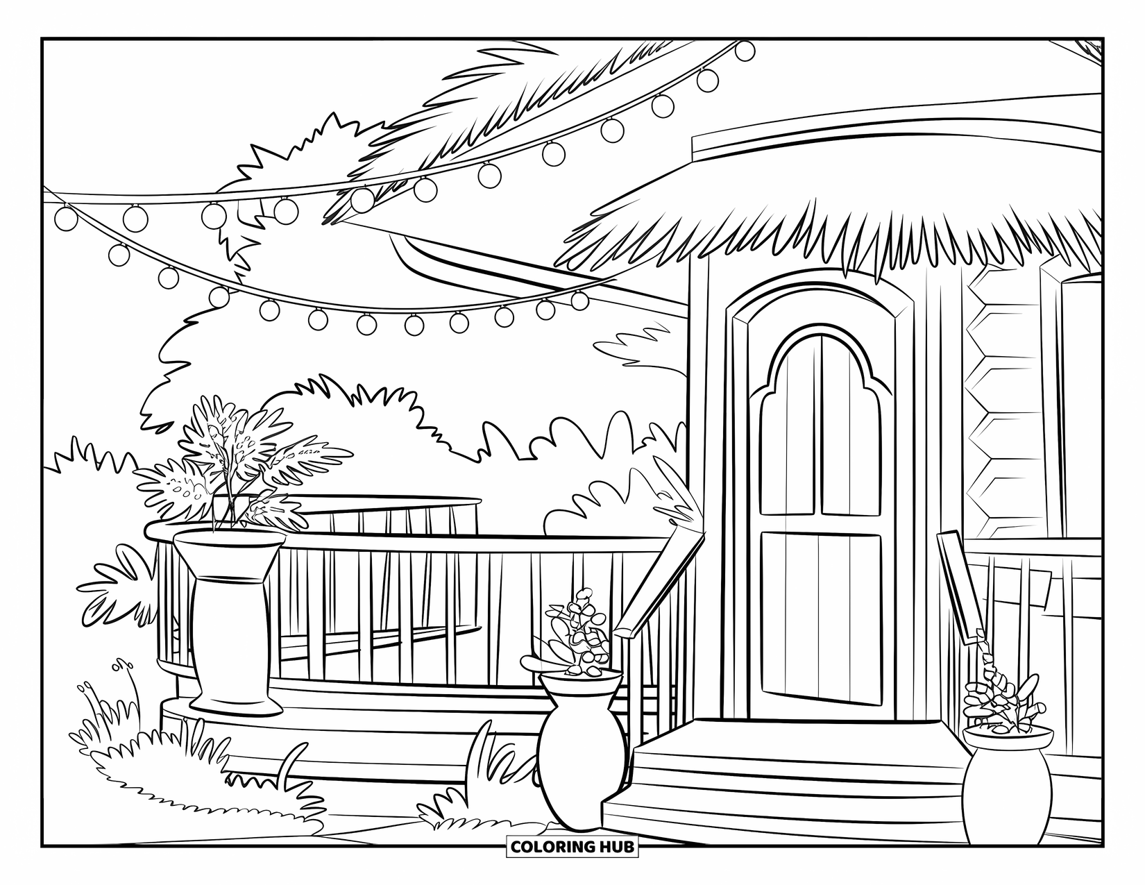 Home Coloring Page for Kids: A charming home with a thatched roof, balcony, and hanging lights