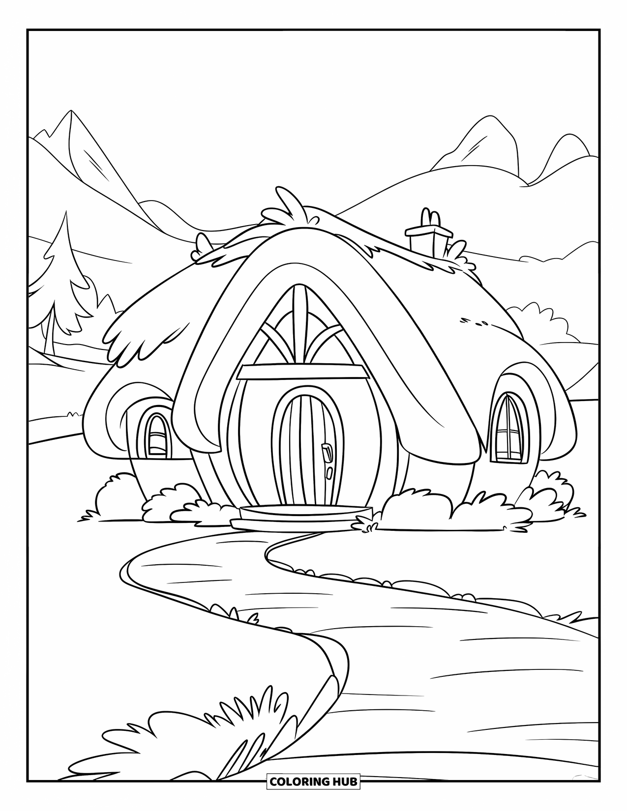 Home Coloring Page for Kids: A charming house with a path, bushes, and mountain scenery