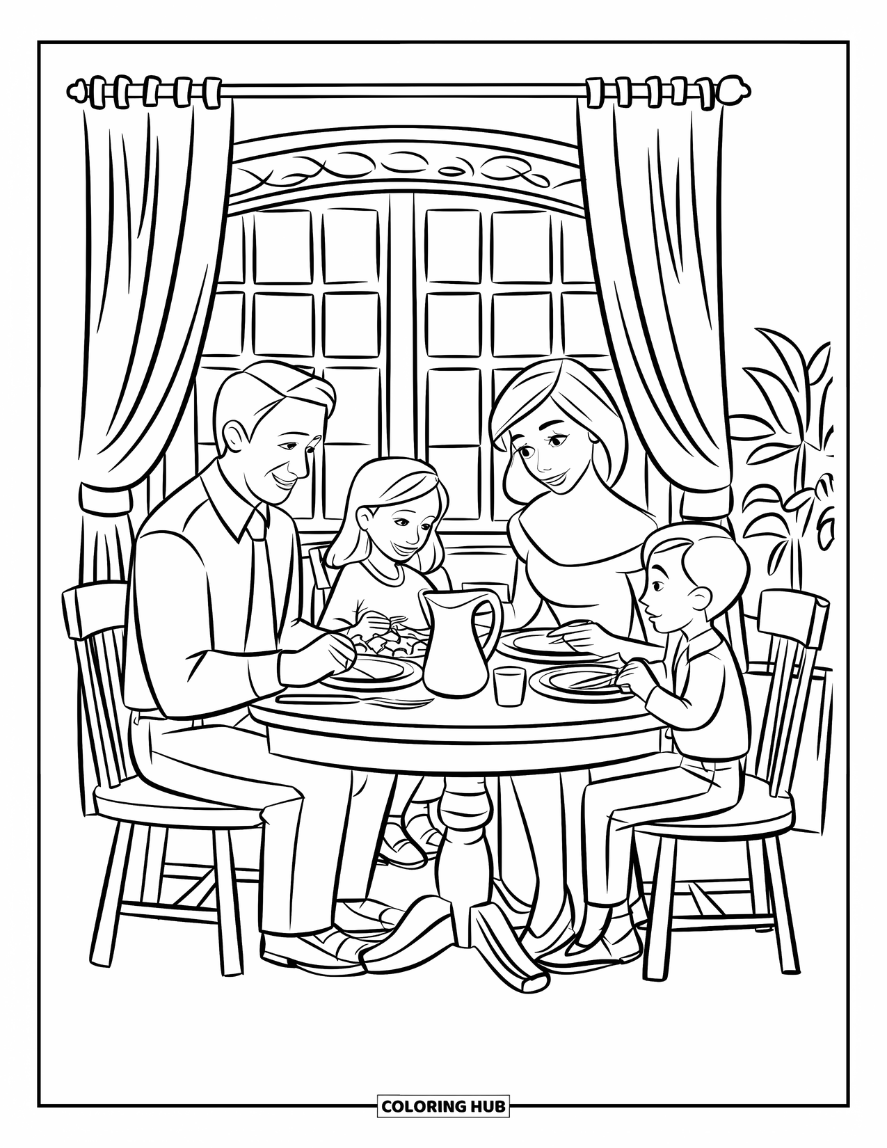 Home Coloring Page for Kids: A cheerful family sitting together at a table enjoying dinner