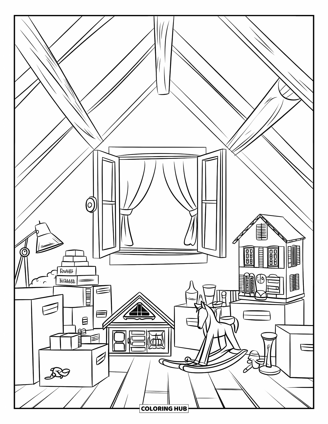 Home Coloring Page for Kids: A cozy attic with toys, boxes, and an open window with a curtain