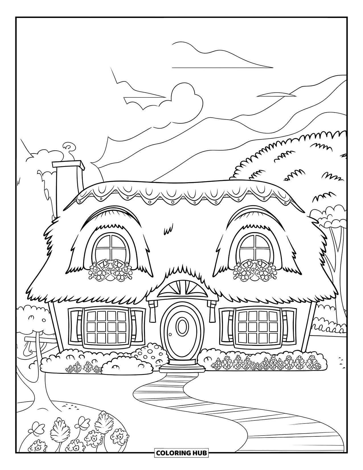 Home Coloring Page for Kids: A cozy cottage surrounded by flowers, trees, and a winding path