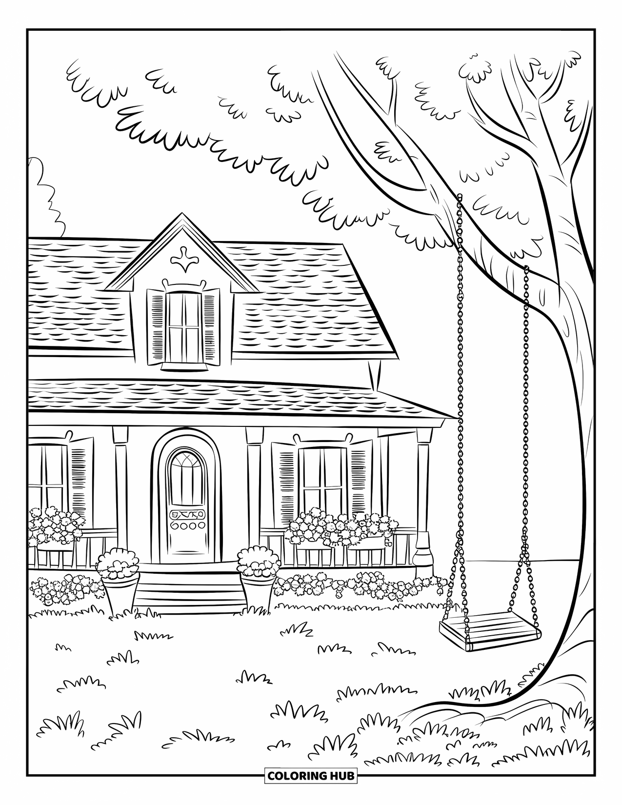 Home Coloring Page for Kids: A cozy home with shutters, flowers, and a swing on a tree