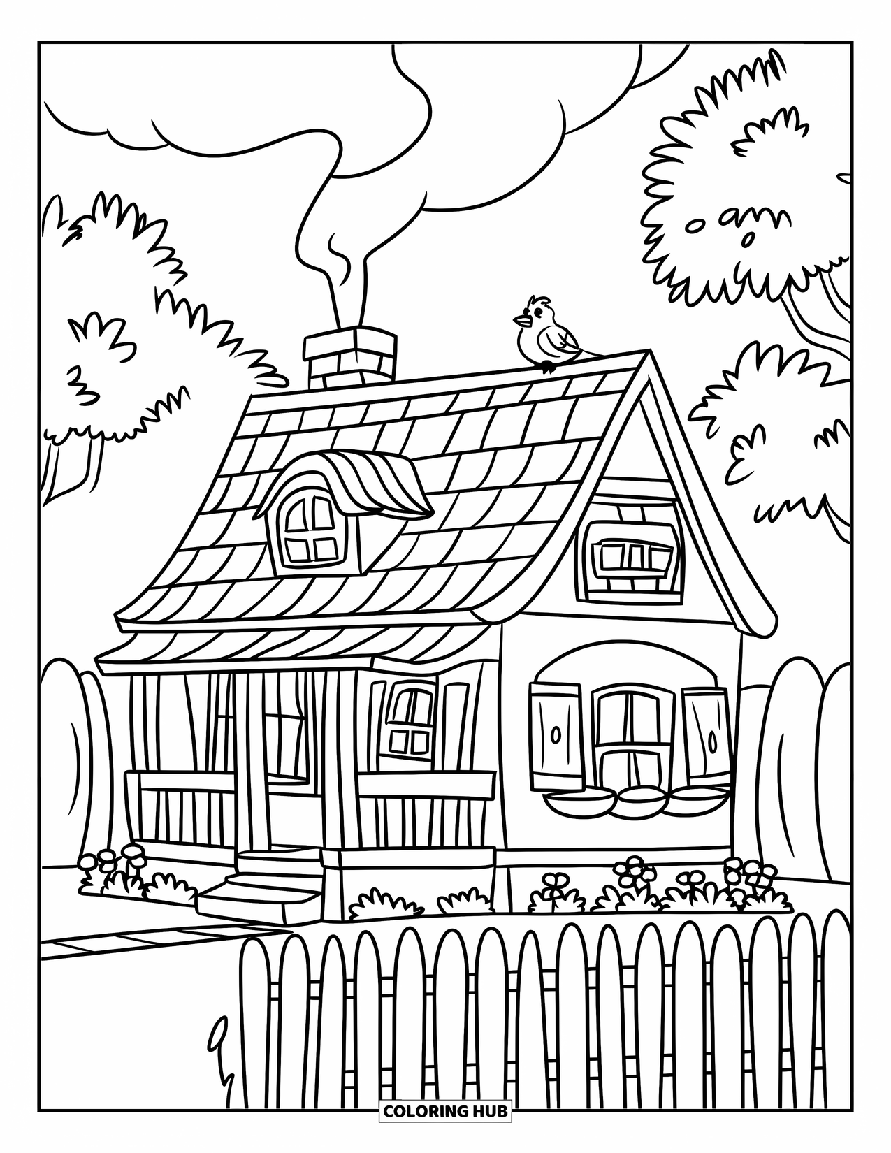 Home Coloring Page for Kids: A cozy house with a garden, chimney smoke, and a bird nearby