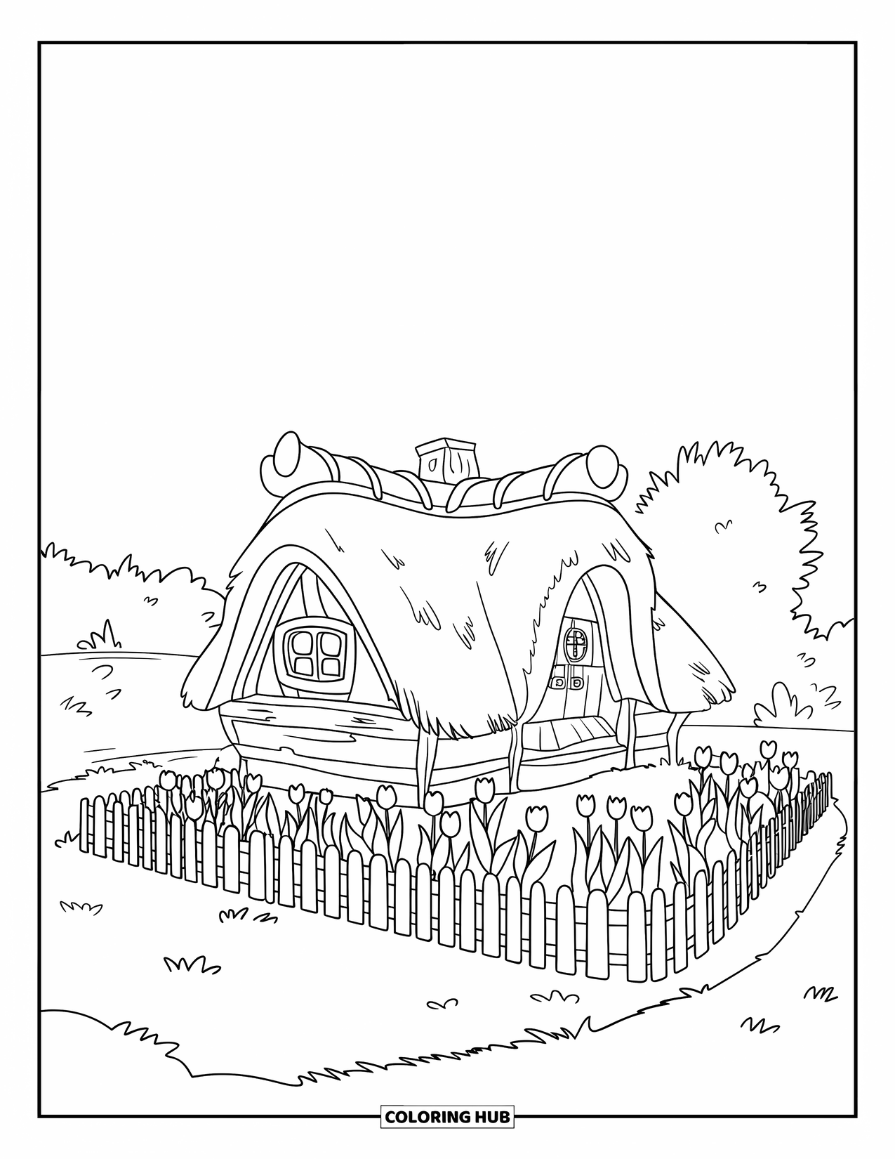 Home Coloring Page for Kids: A cozy house with tulips blooming behind a garden fence
