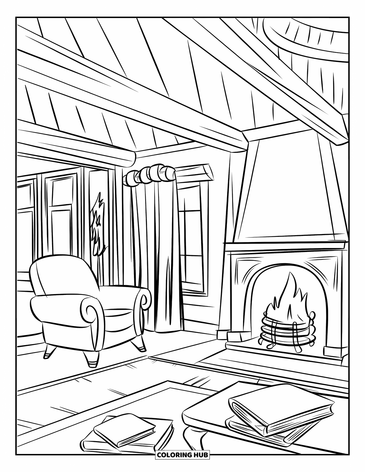 Home Coloring Page for Kids: A cozy living room with a fireplace, armchair, and books on a table