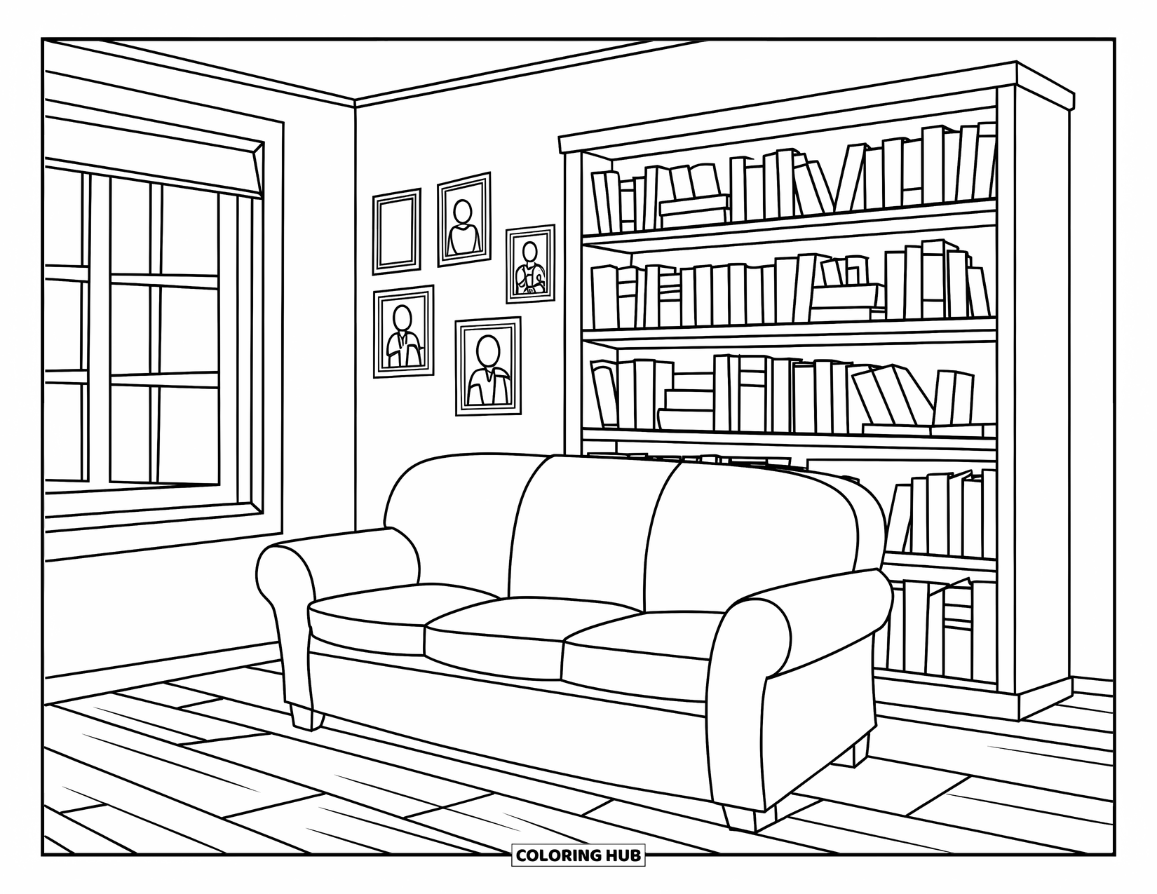Home Coloring Page for Kids: A cozy living room with bookshelves, photos, and sunlight through the window
