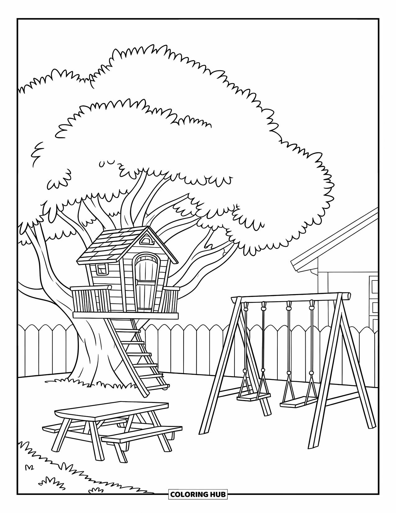 Home Coloring Page for Kids: A family backyard with a treehouse, swings, and a picnic table