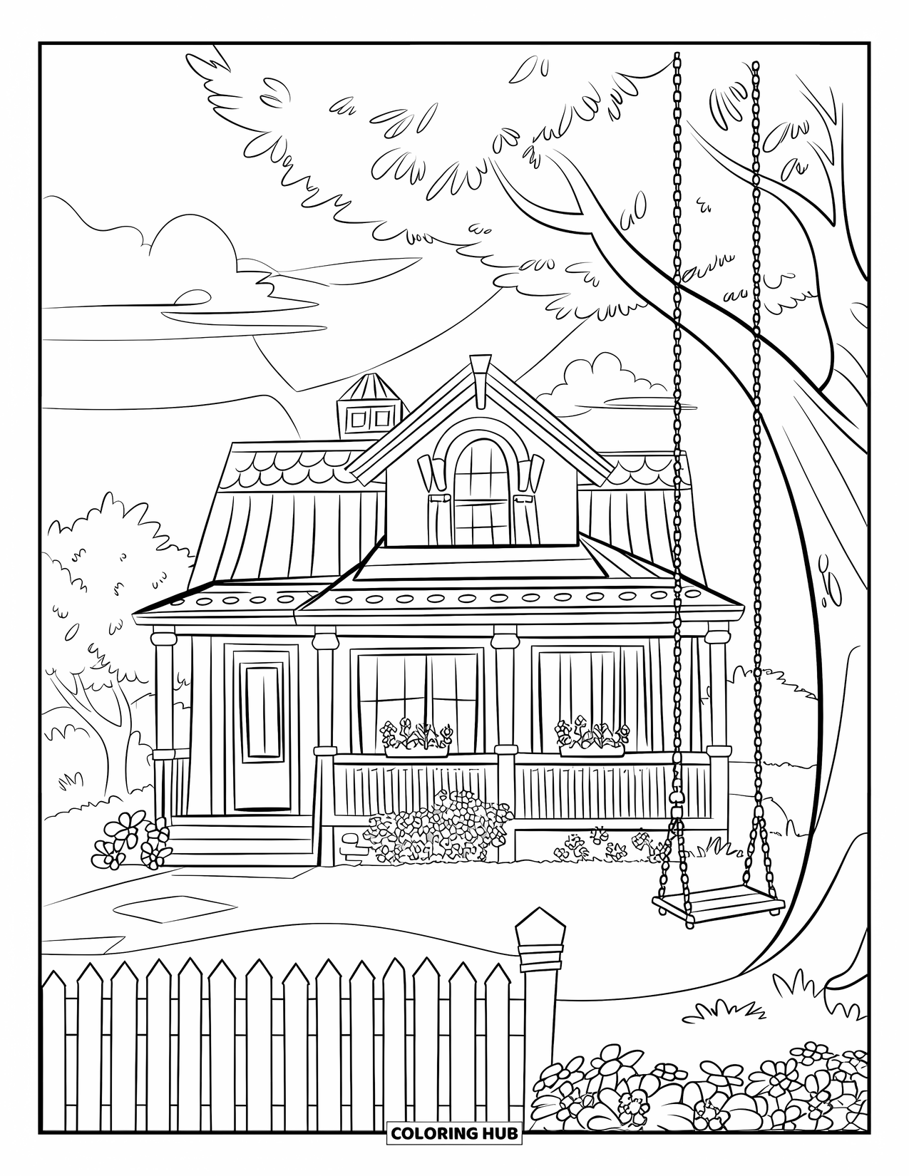 Home Coloring Page for Kids: A family home with a porch, flowers, and a tree swing