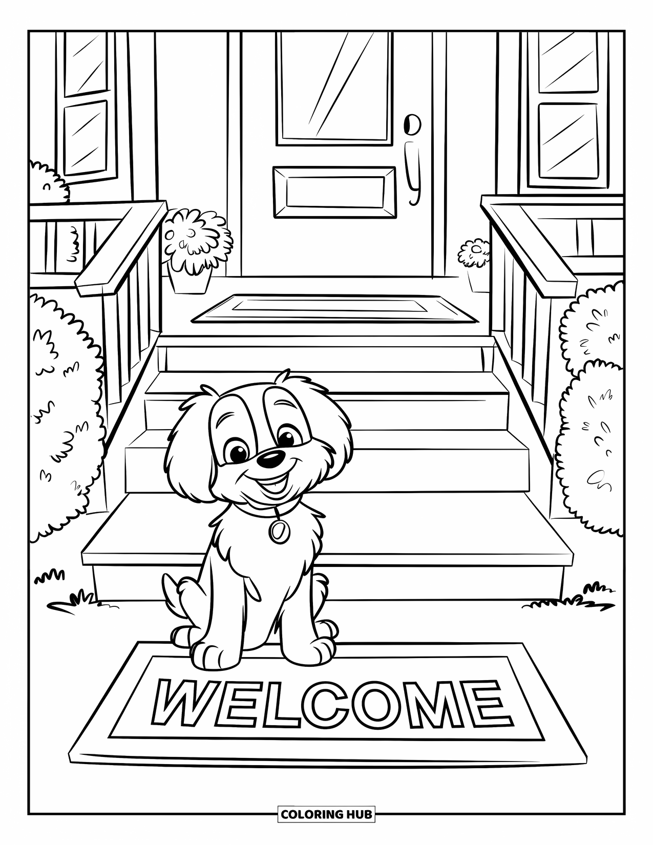 Home Coloring Page for Kids: A fluffy dog sitting by the front steps with a welcome mat