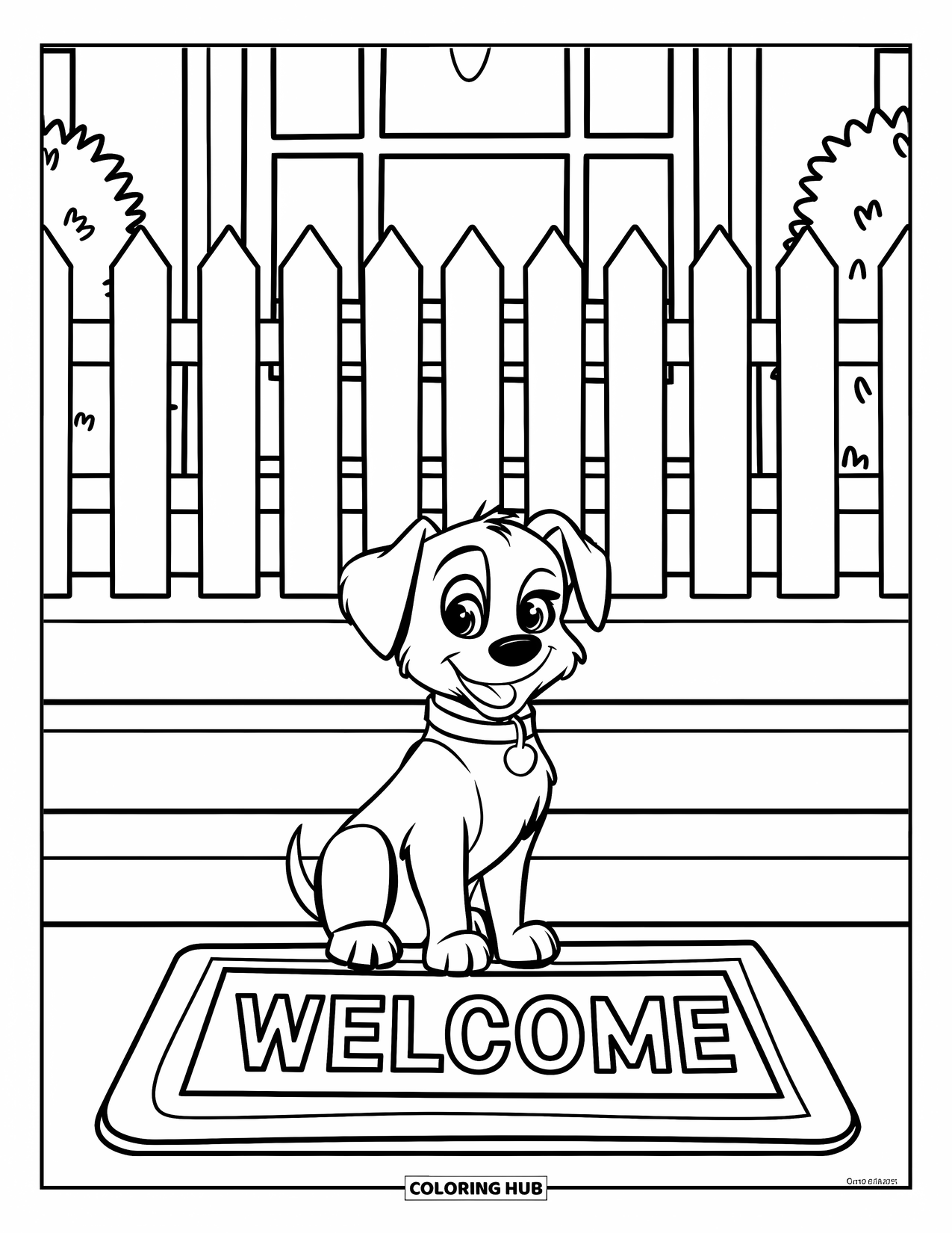 Home Coloring Page for Kids: A friendly dog resting beside a home's welcome mat and fence