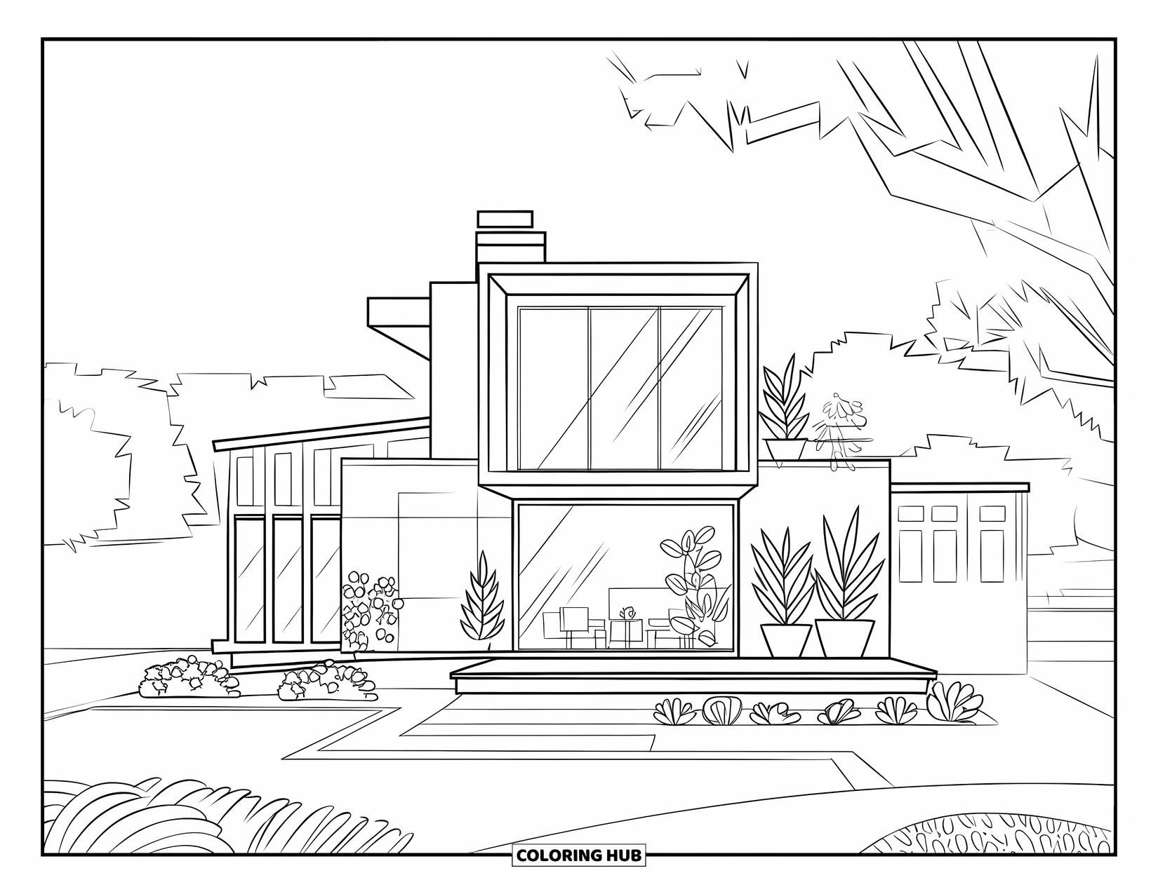 Home Coloring Page for Kids: A modern home with large windows and garden plants along a path
