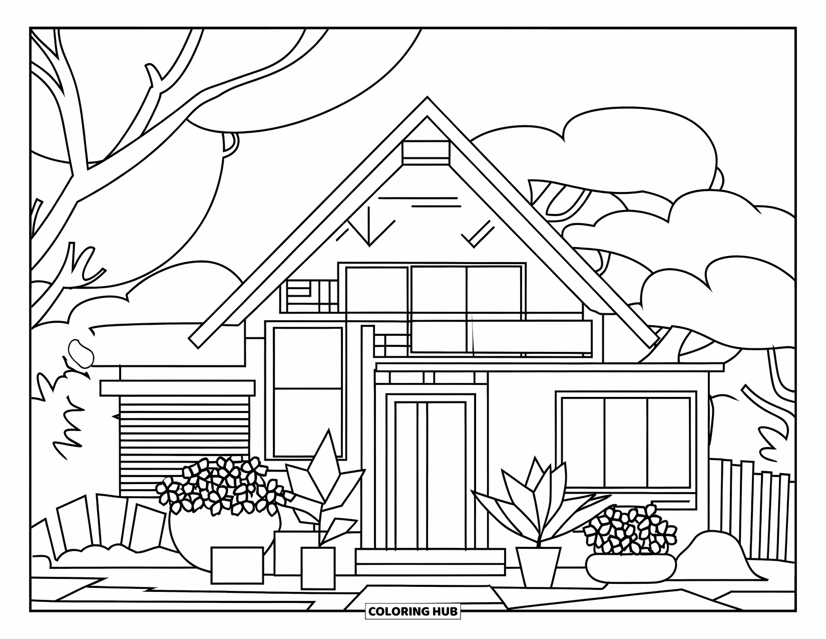 Home Coloring Page for Kids: A modern house with a triangular roof and potted plants nearby