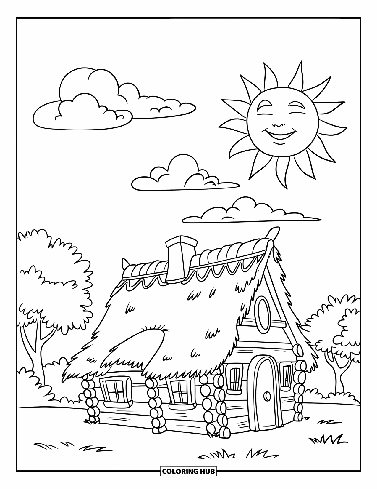 Home Coloring Page for Kids: A simple home with a thatched roof, smiling sun, and clouds