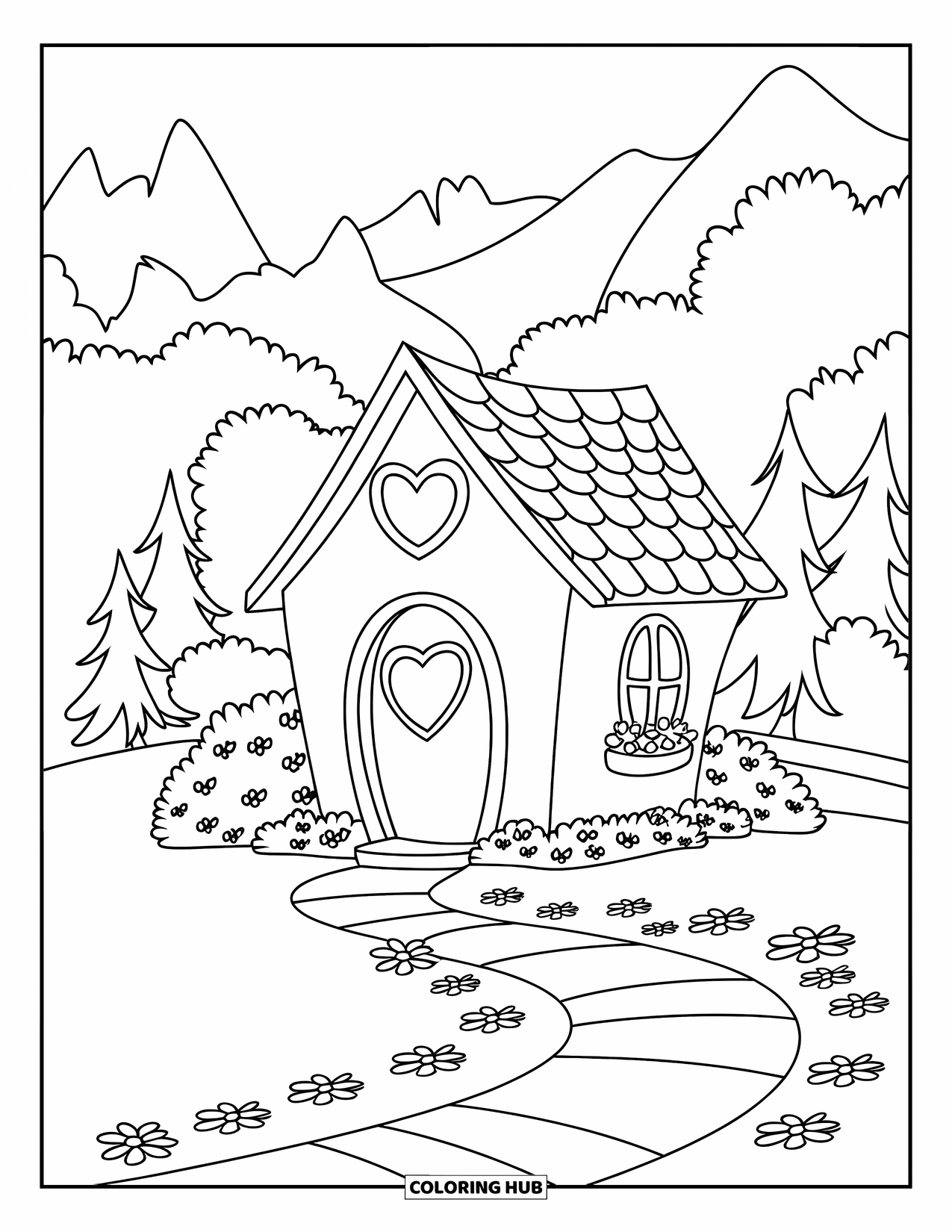 Home Coloring Page for Kids: A small house with a heart window, trees, and a winding path